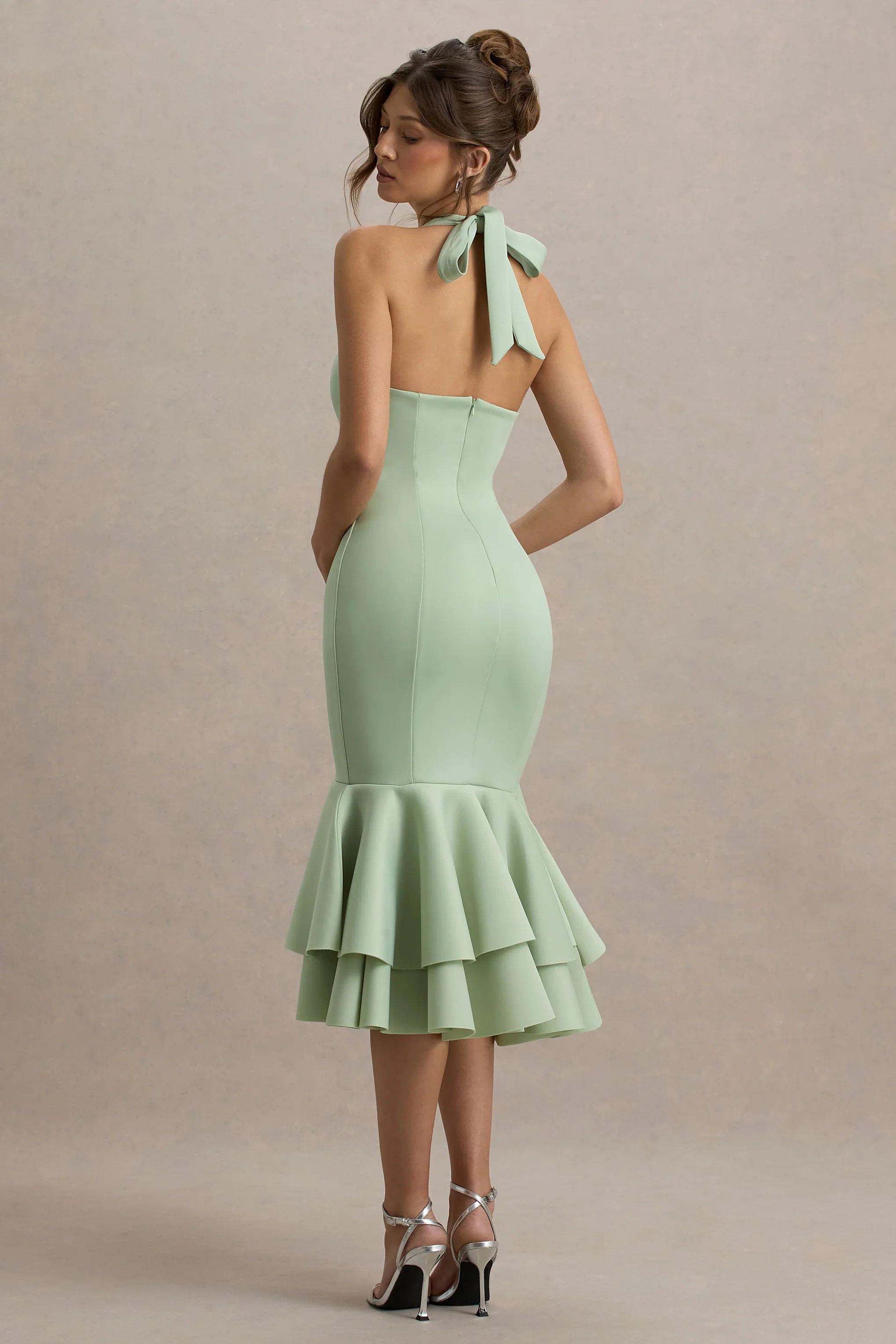 Arla | Light Green Halter Neck Ruffle Trim Midi Dress