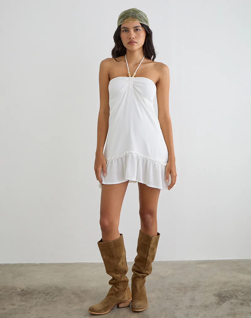 Yvelise Mini Dress in Crinkle Off White with Beads