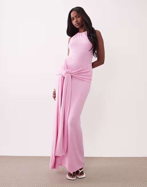 South Beach halterneck maxi dress with wrap waist in baby pink