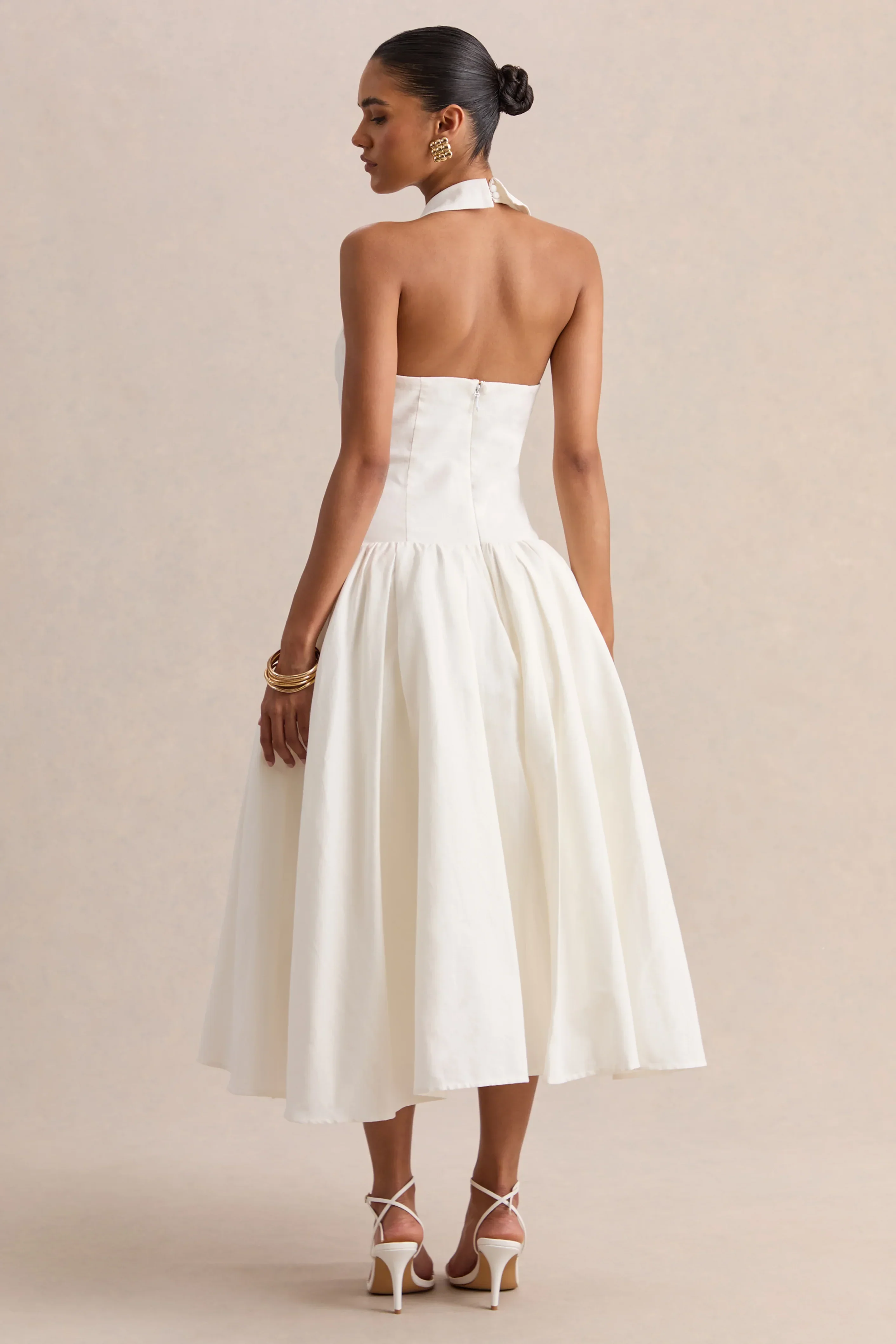 Ella | White Plunge-Neck Midi Dress With Drop-Waist