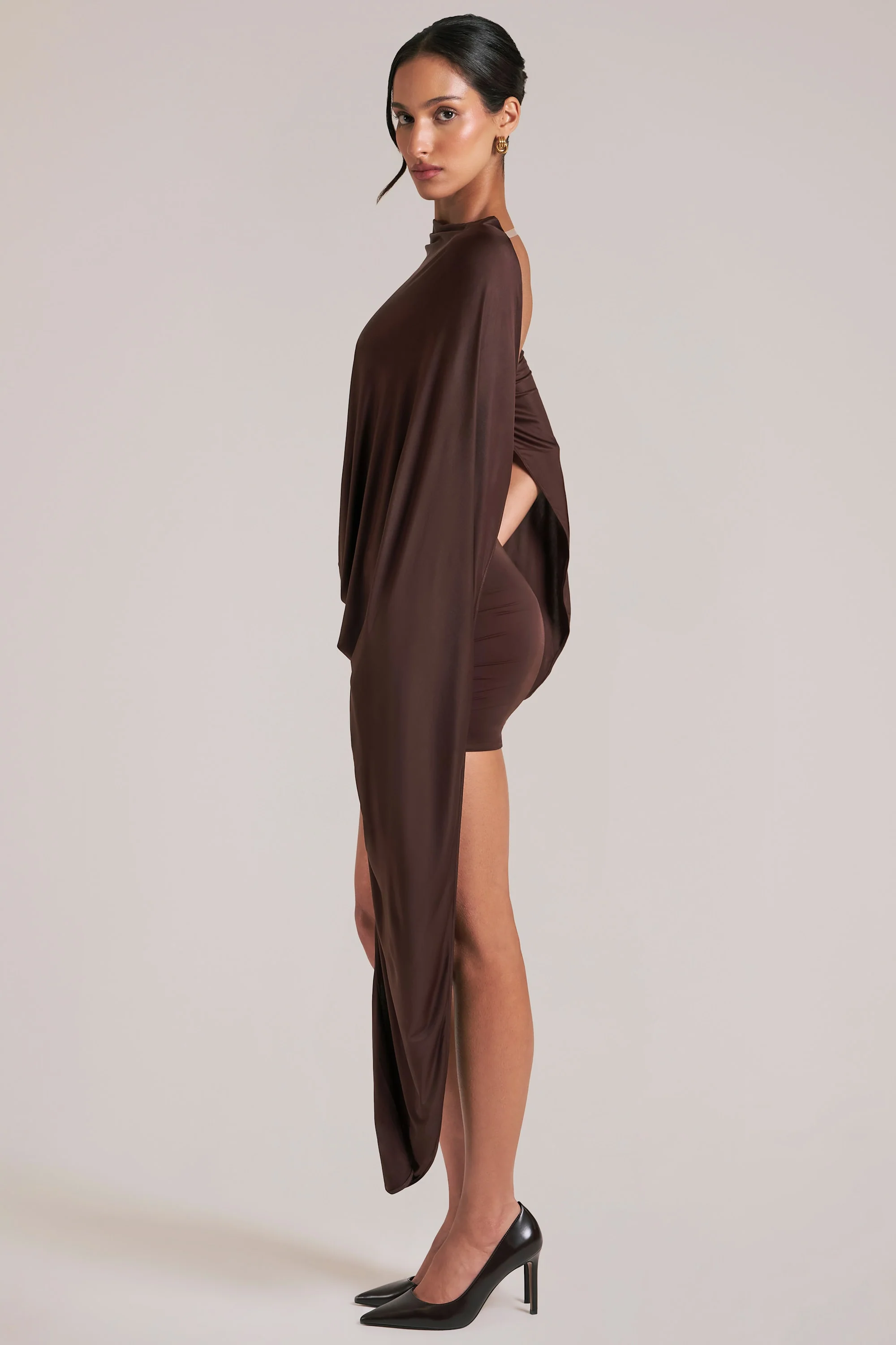 Draped Cape Mini Dress in Chocolate Brown