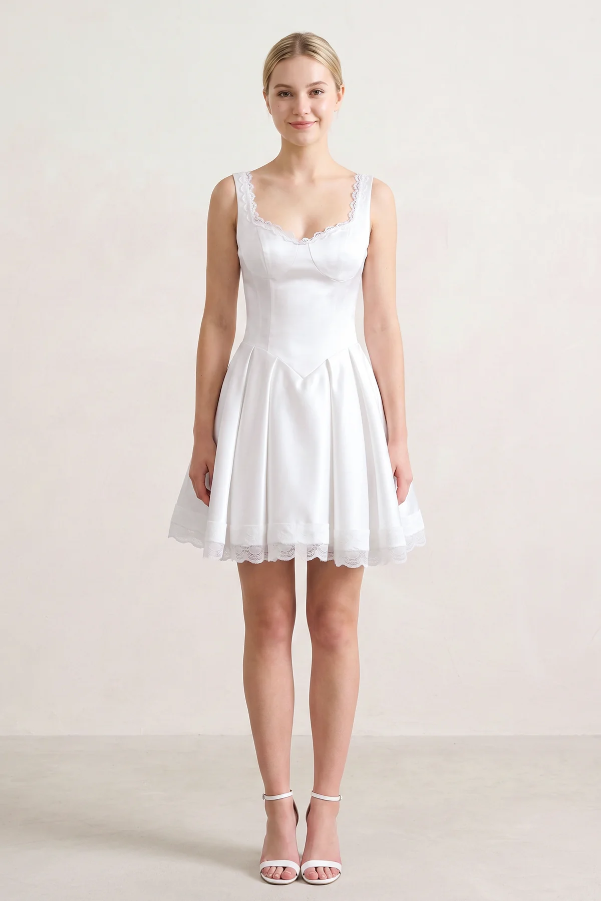 White Scoop Neck Lace Ruched A-Line Satin Homecoming Dress