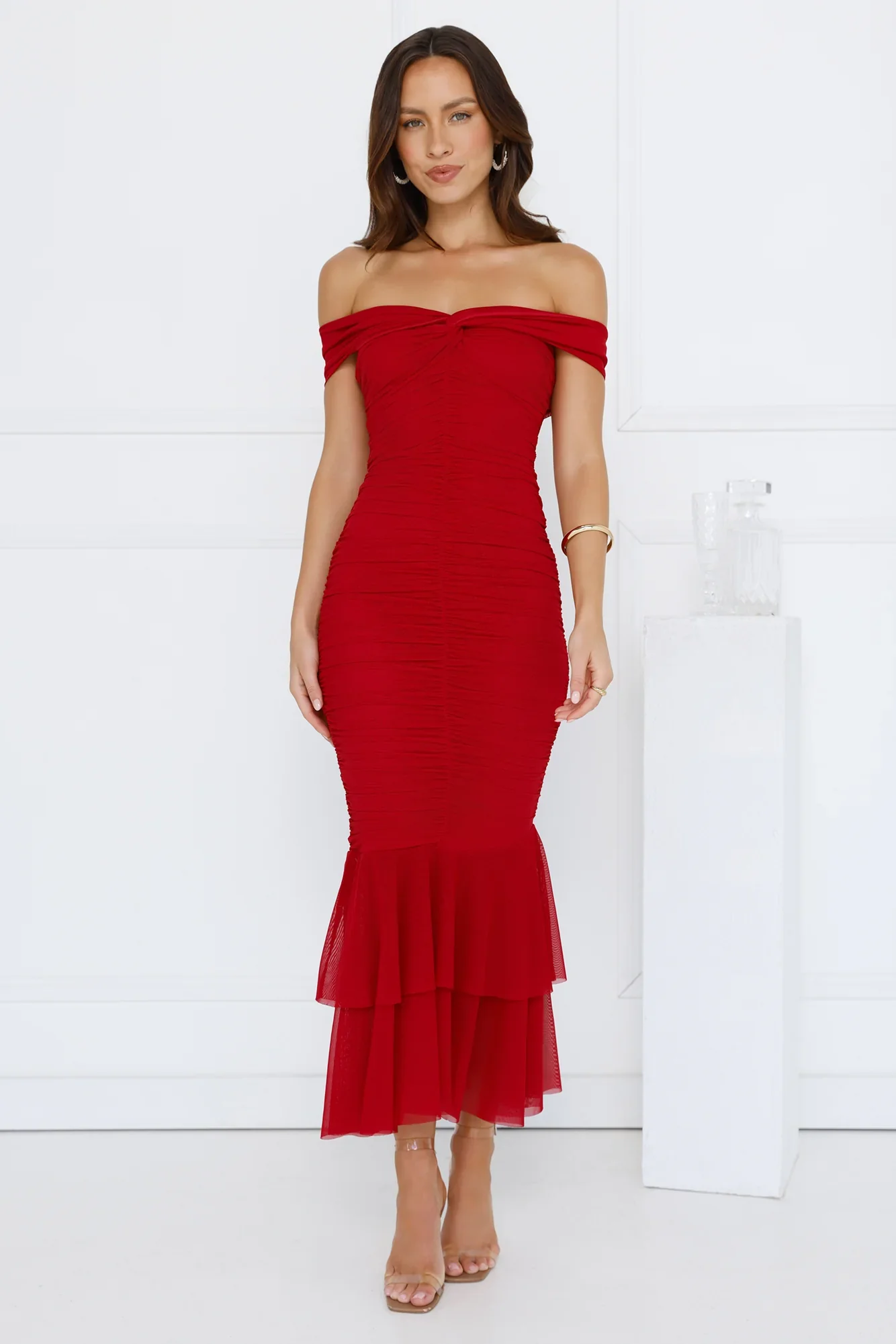 Tanisha Off Shoulder Mesh Midi Dress Maroon