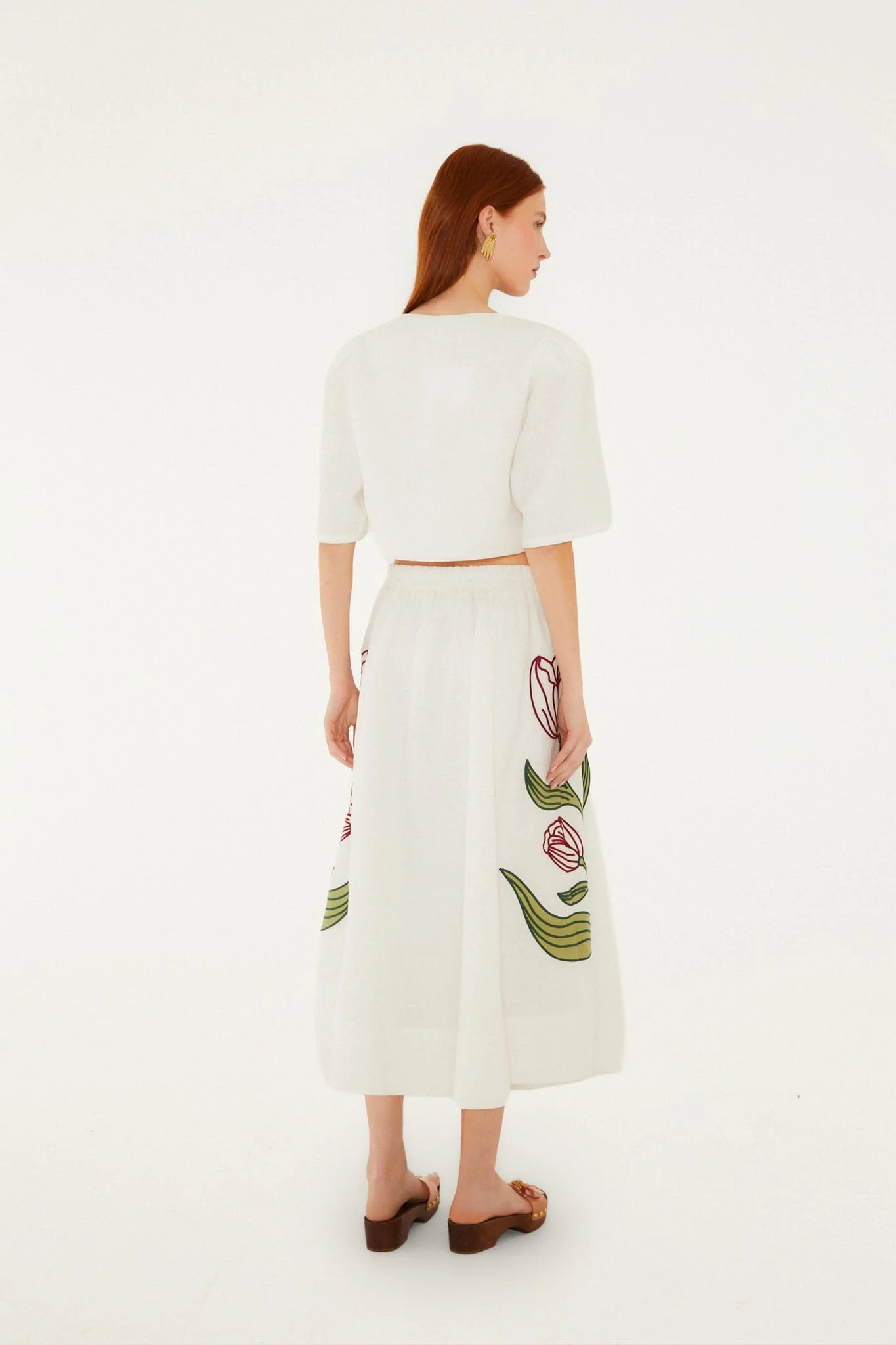 FARM Rio Off-White Flower Embroidered  Midi Skirt