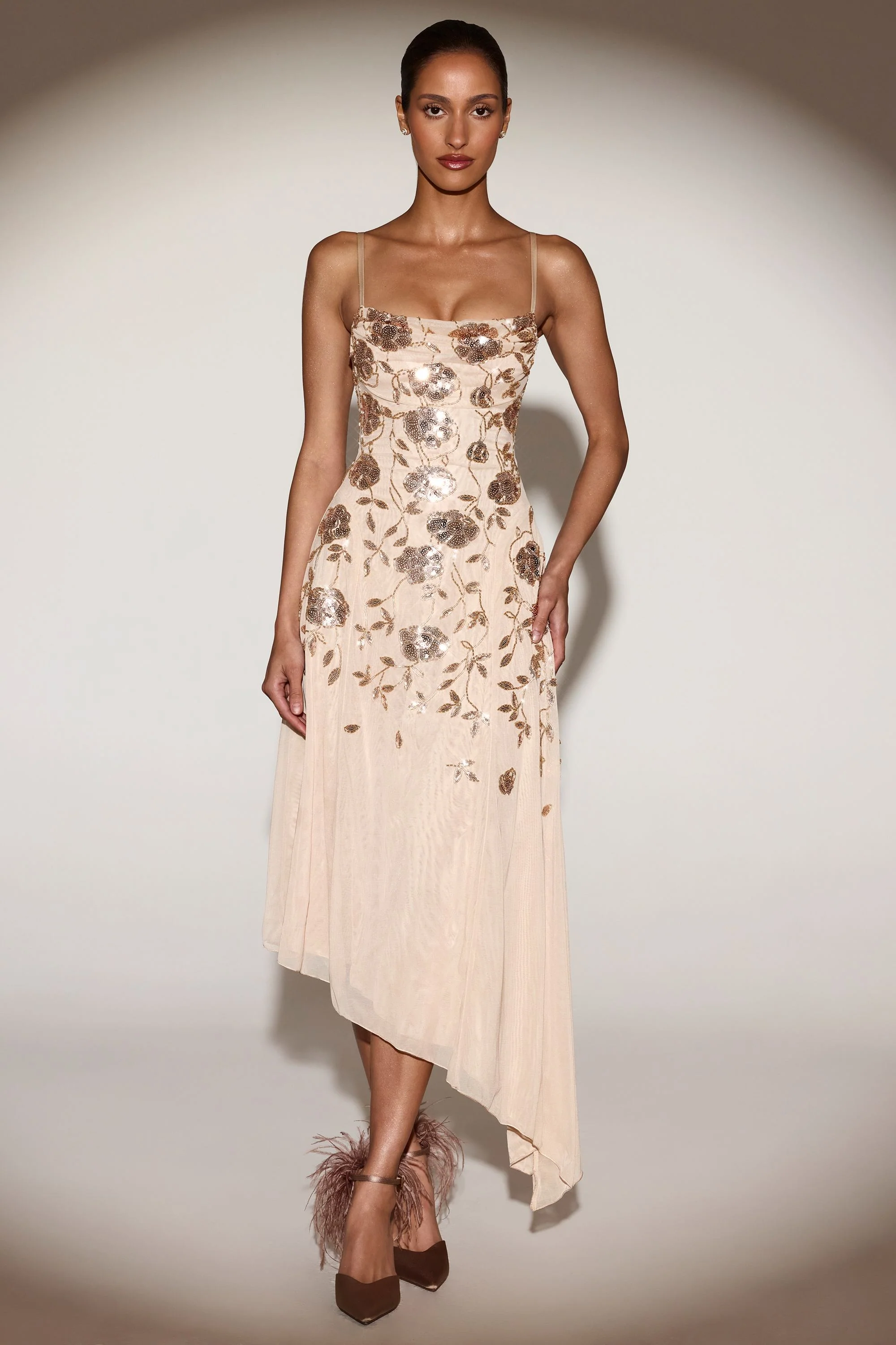 Embellished Soft-Scoop Asymmetric Midaxi Dress in Gold