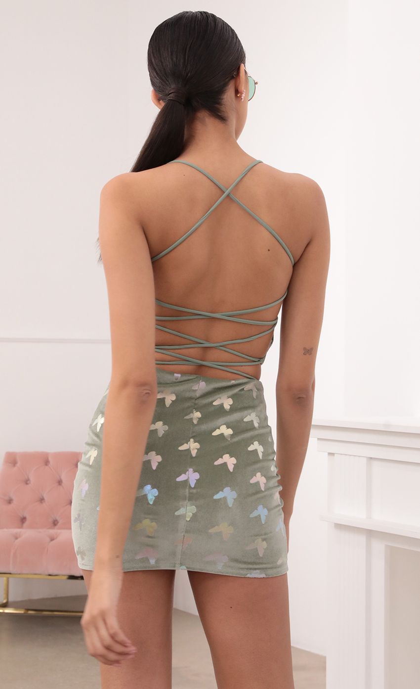 Velvet Lace-Up Set In Sage Butterflies