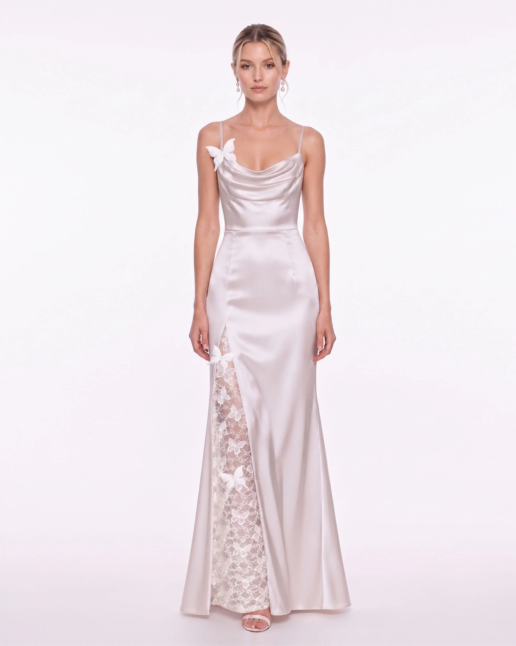 Butterfly Lace Panel Satin Cowl Maxi Dress - Ivory