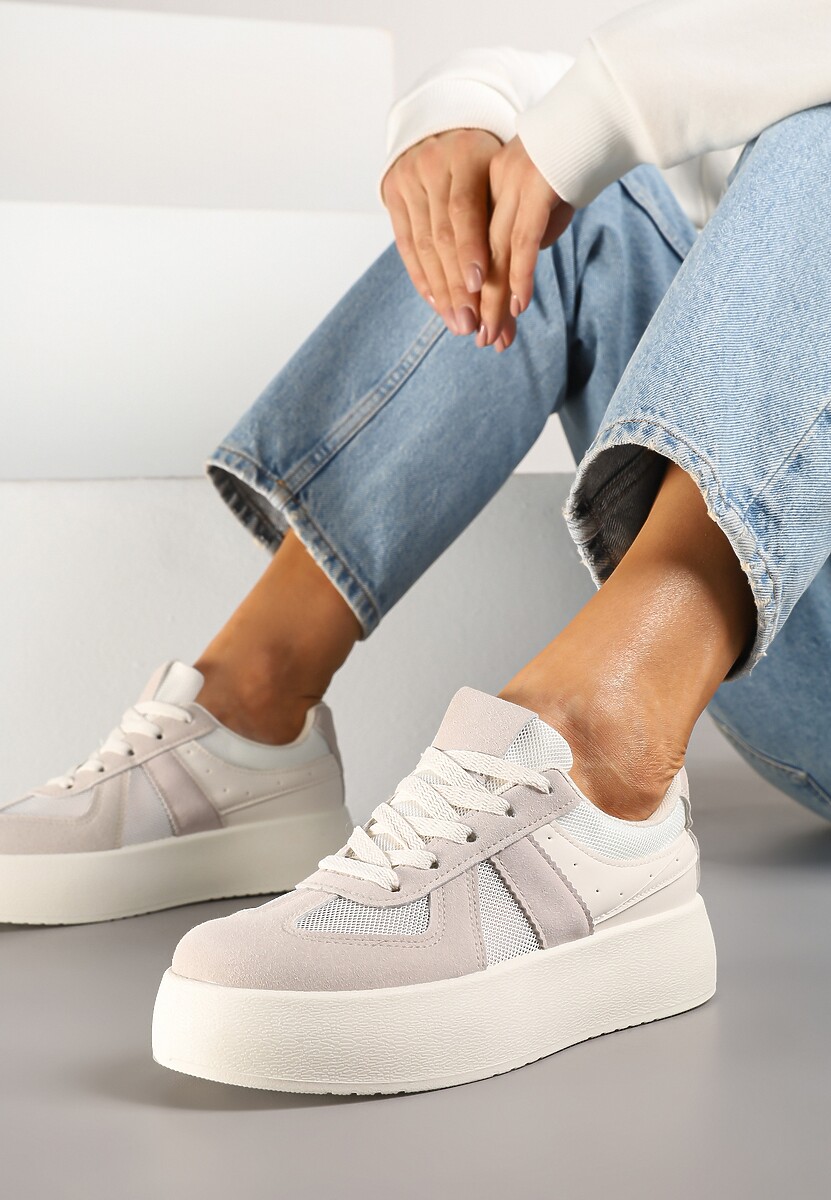 Beżowe Sneakersy Typu Kultowe Tenisówki na Grubej Podeszwie Nanessa