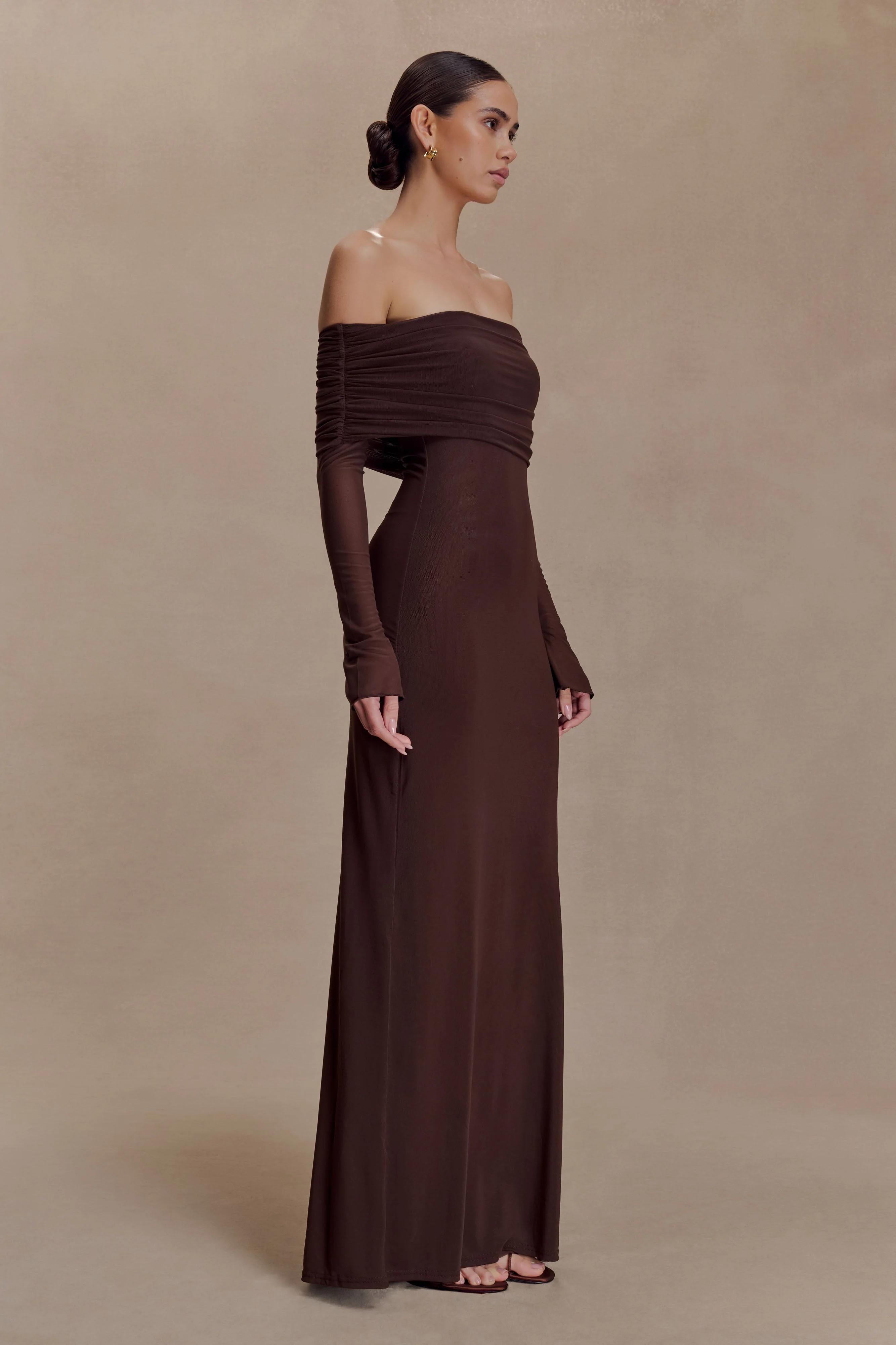 Josie-Off-Shoulder-Mesh-Maxi-Dress-Dark-Brown