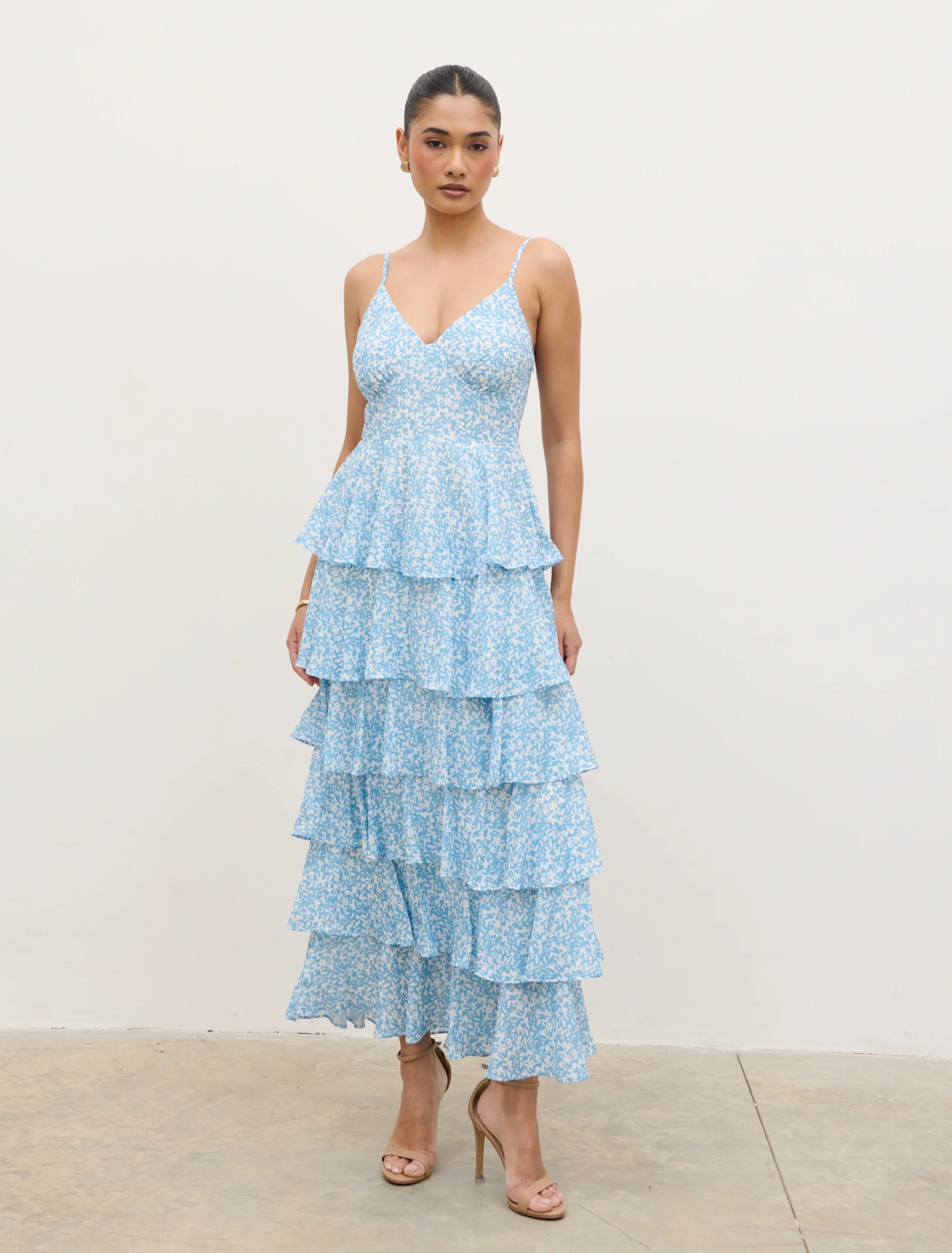 Lissy Ruffle Midaxi Dress - Blue Abstract