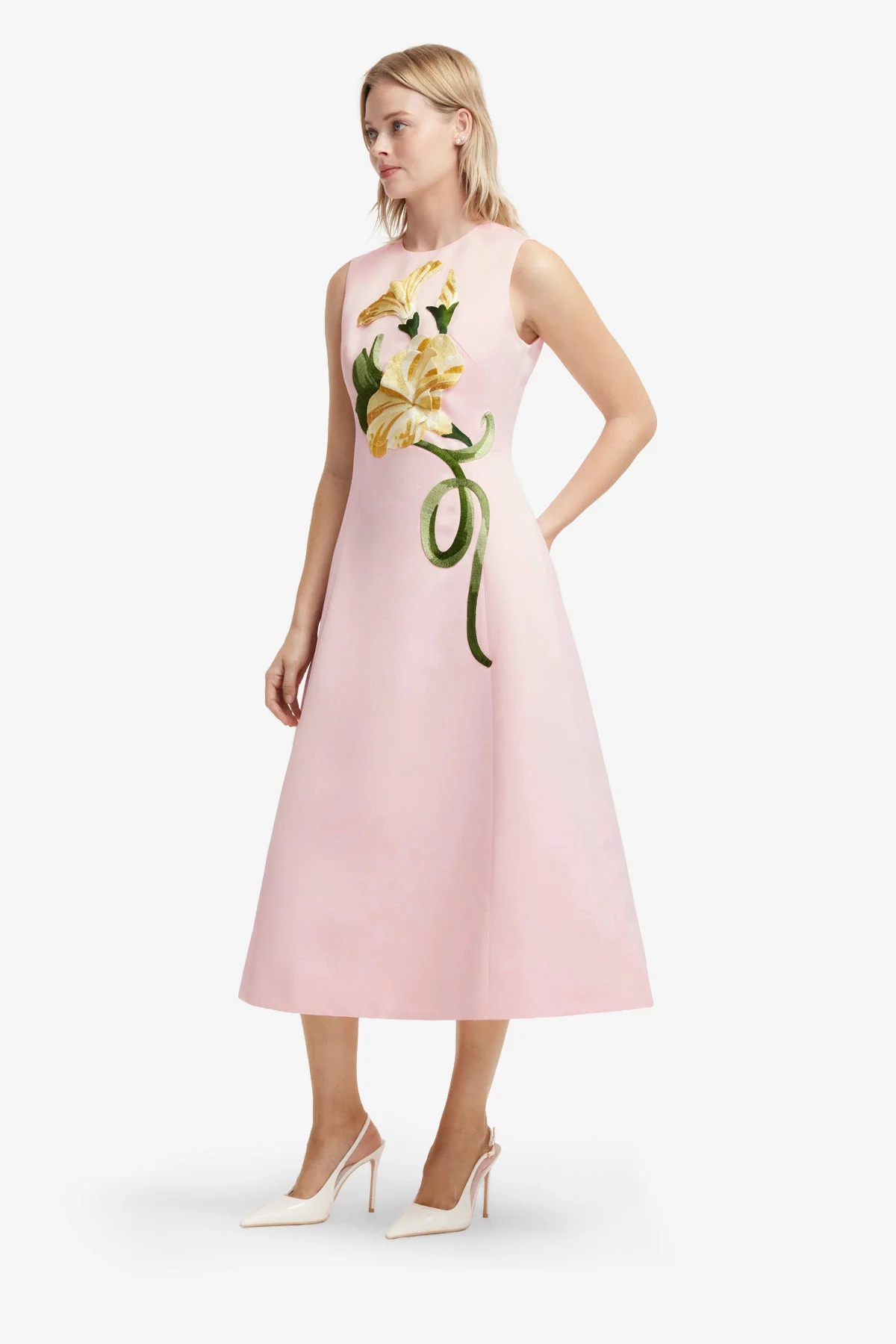 Cleo Appliqué Sleeveless Midi Dress - Vine Print in Pink