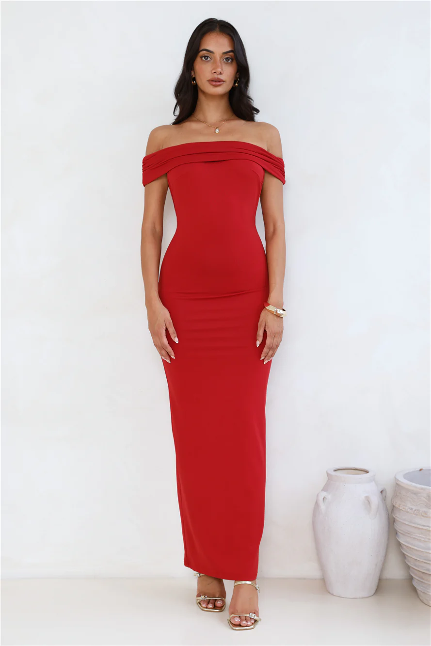 Soft Whispers Off Shoulder Maxi Dress Red