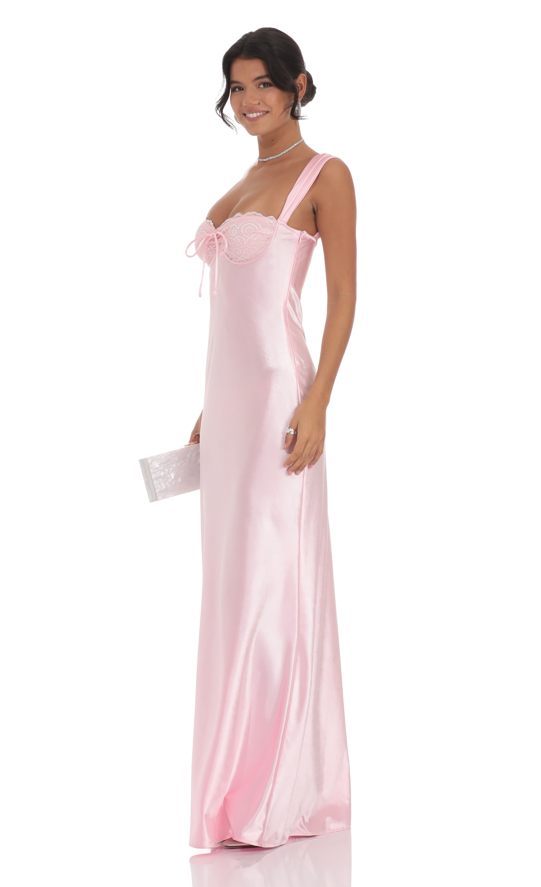 Satin Lace-Bust Dress in Pink - luluinthesky