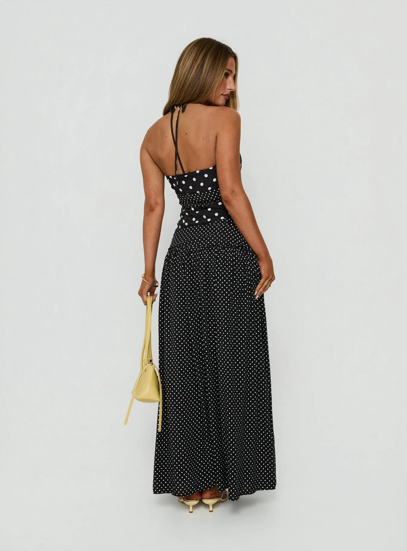 Marguerite Halter Maxi Dress Black / White Polka Dot