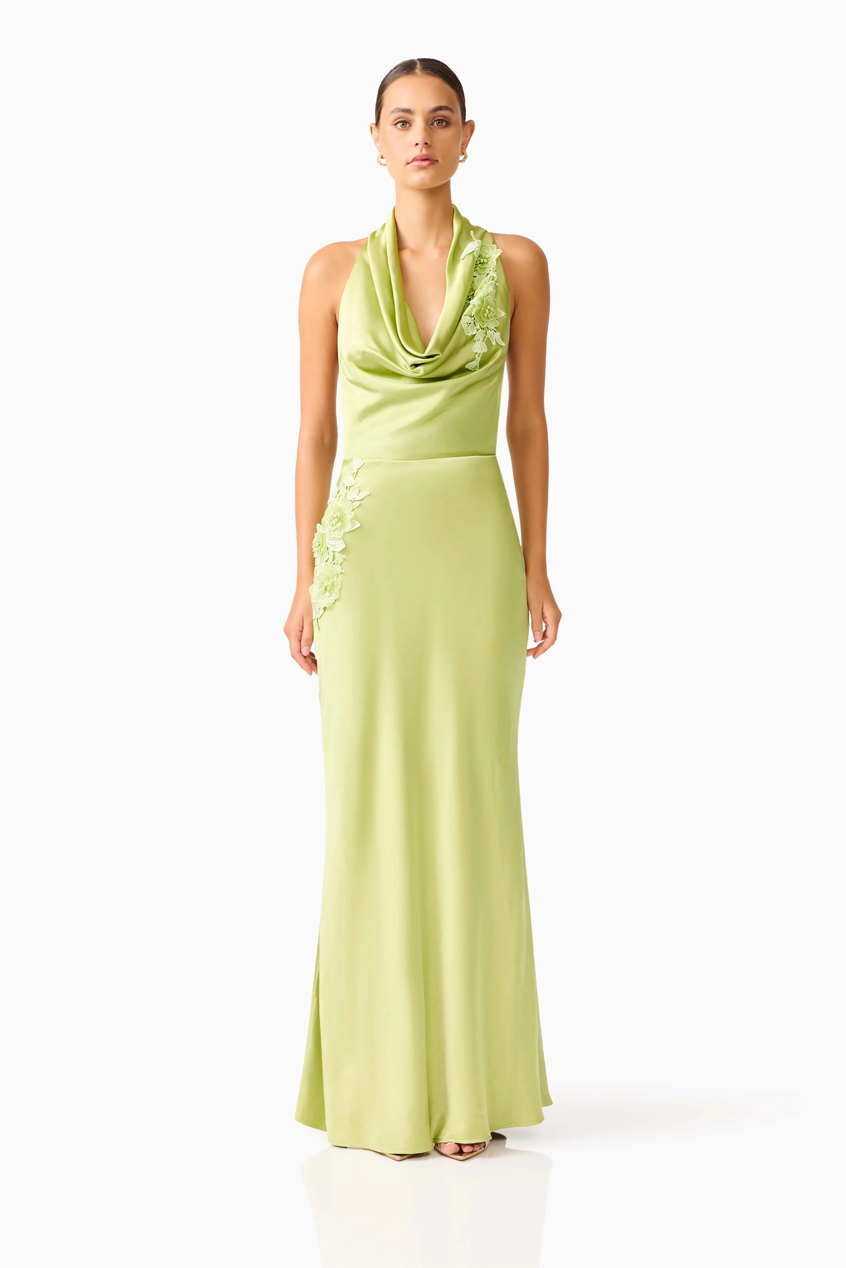 Florea Cowl Neck Gown in Pistachio Green