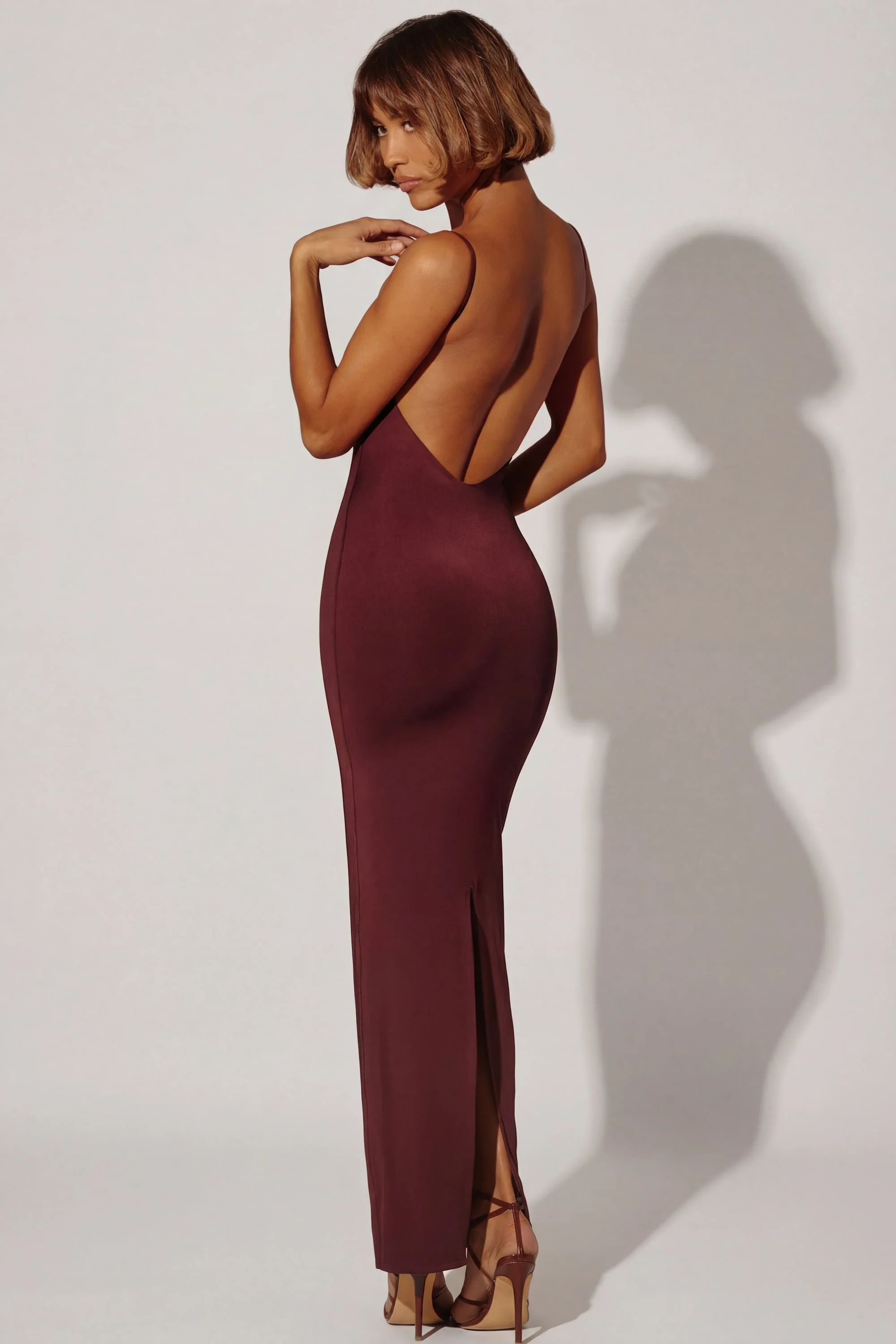 Ruched Bodycon Maxi Dress in Brown