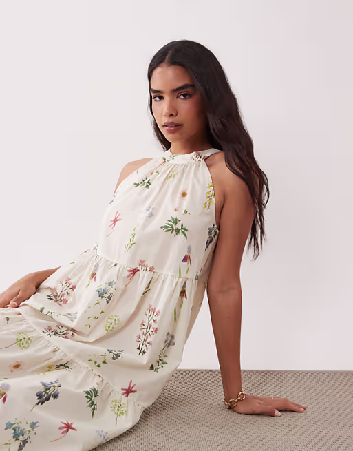 VILA halter neck tiered maxi dress in cream floral print