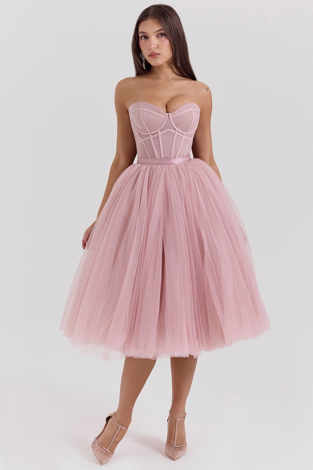 French Rose Tulle Midi Dress