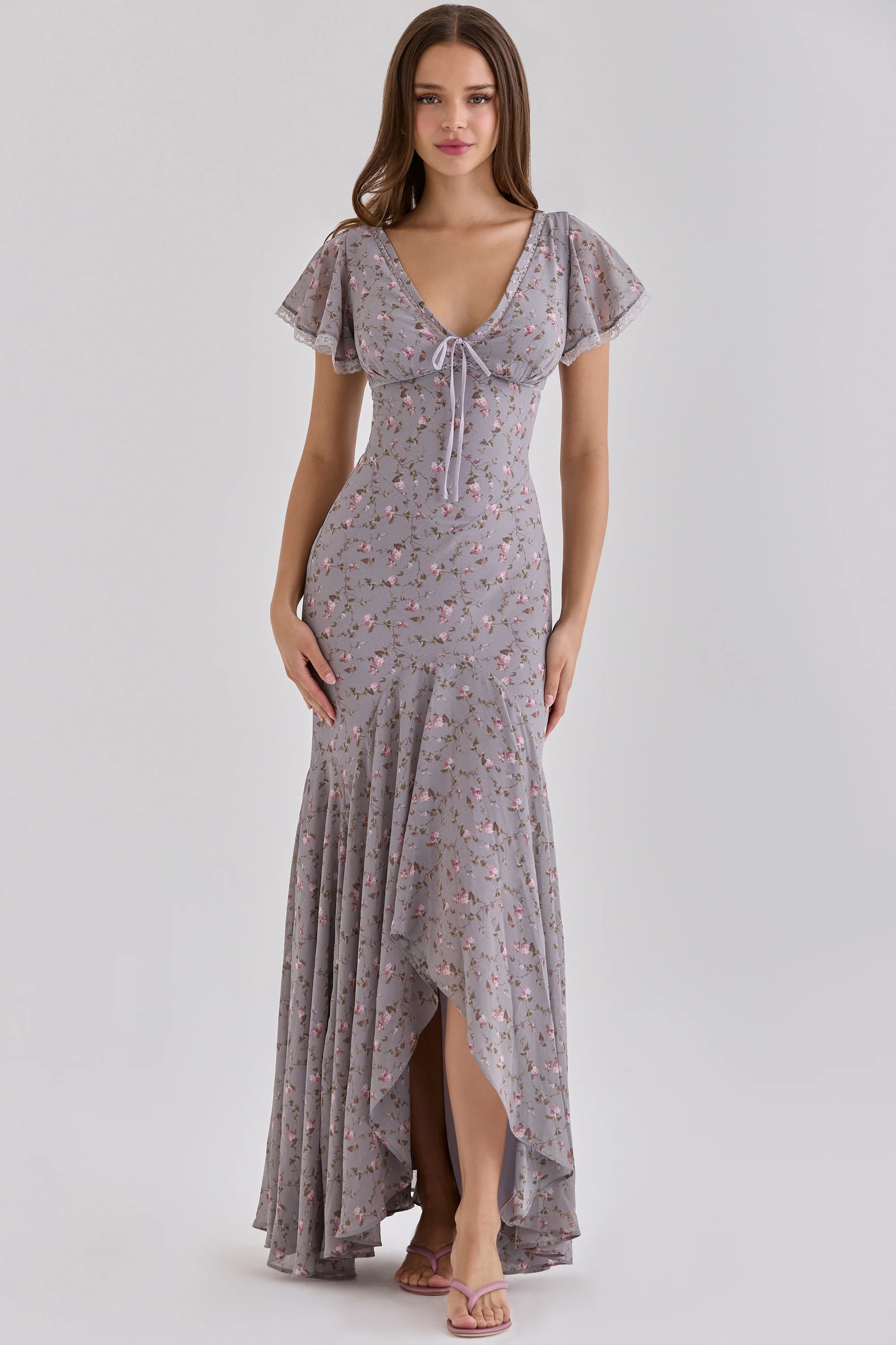 Lilac Vintage Floral Print Georgette Maxi Tea Dress