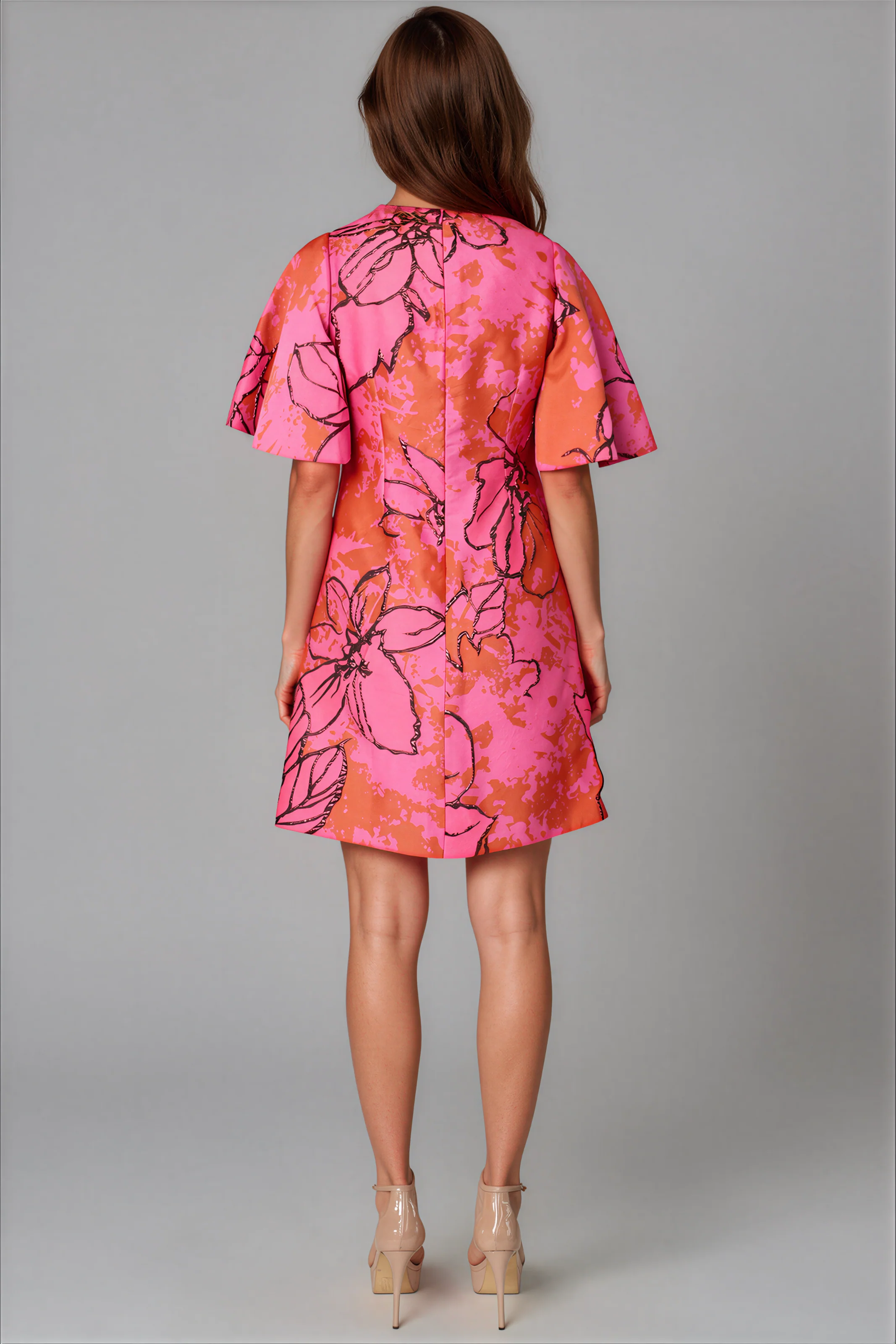 Floral Brocade Flare Sleeve A-line Cocktail