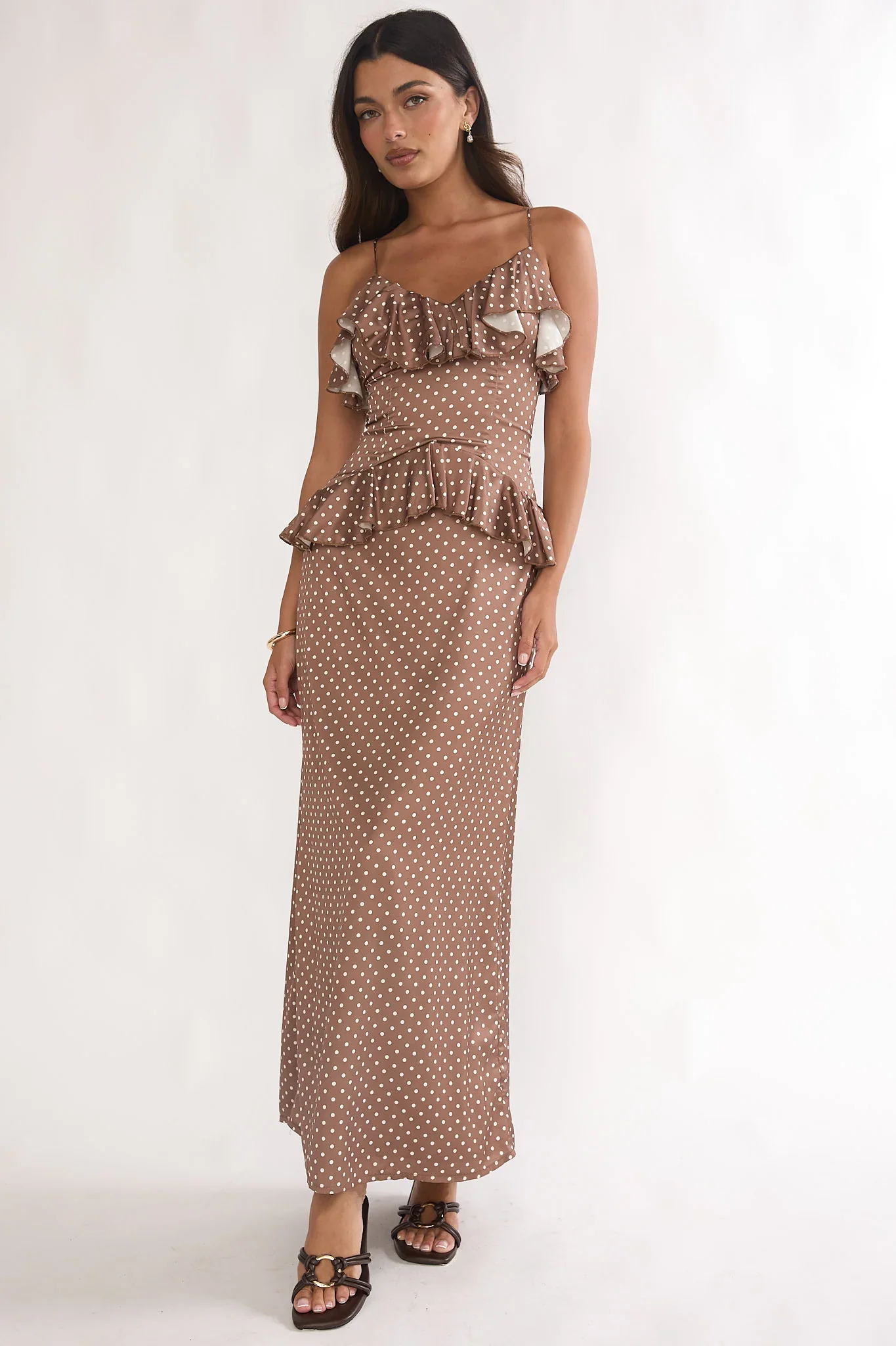 Tahlie Ruffle Trim Maxi Dress Polka Dot Mocha