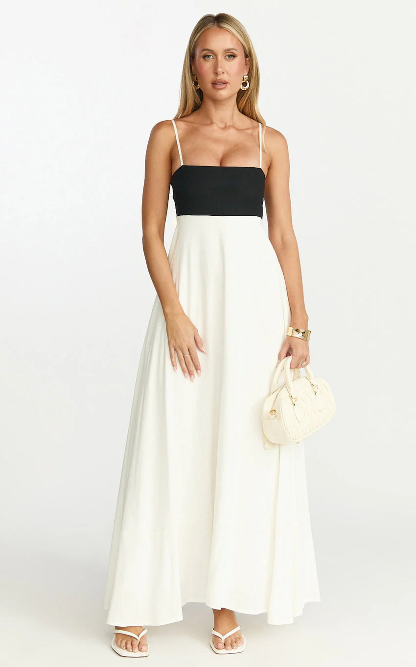 Katrien Maxi Dress - Strappy Empire Waist Flare Dress in Black & White - luluinthesky
