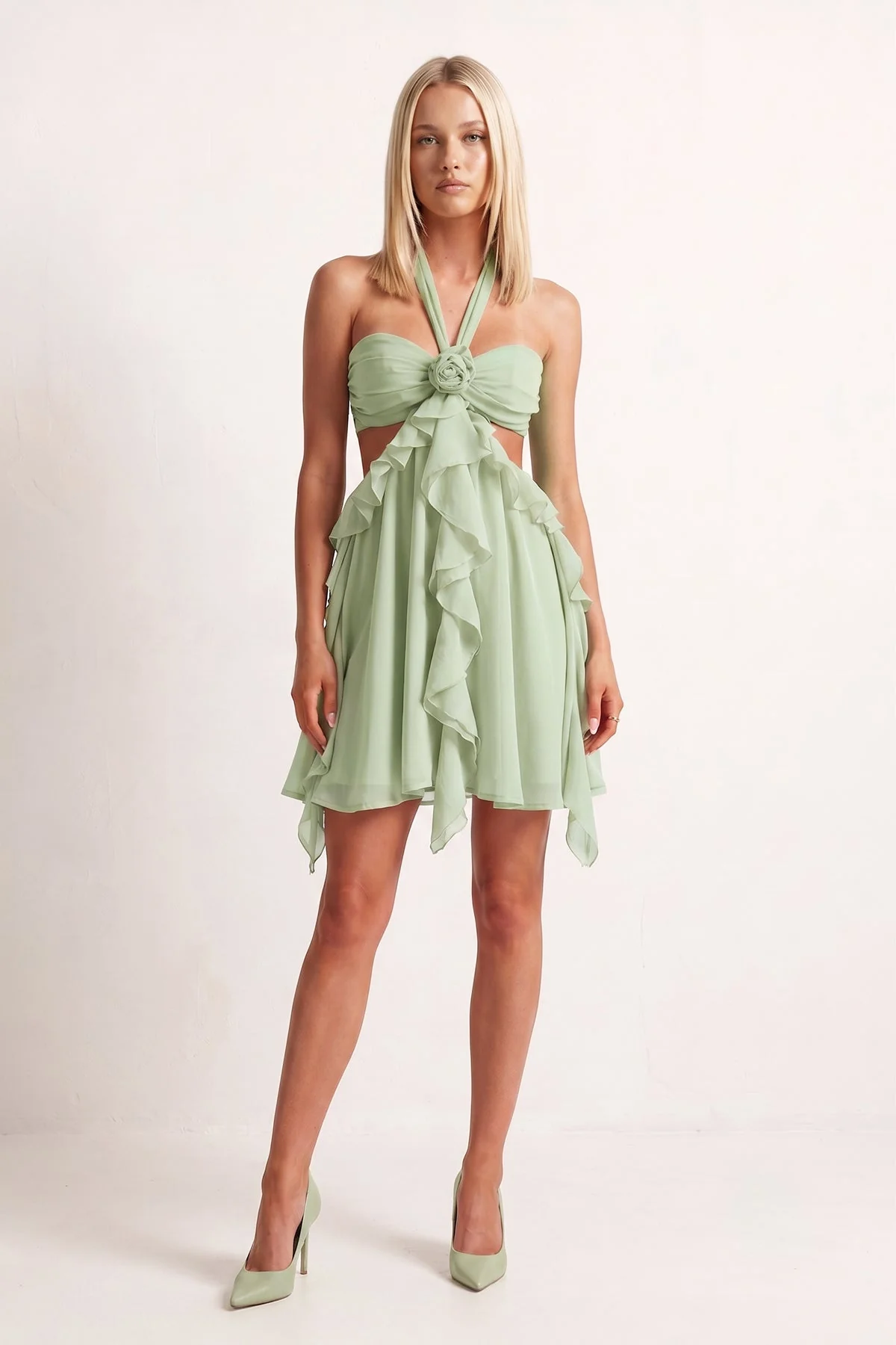 Pink Halter Ruffled A-Line Cut-Out Chiffon Homecoming Dress with 3D Flower