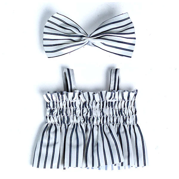 Outfit: Black & White Pin Striped Sun Dress w/ Matching Hair Bow for Dolls - Petite Threads