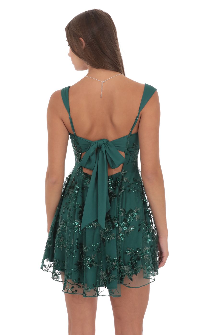 Floral Sequin Fit and Flare Dress in Green