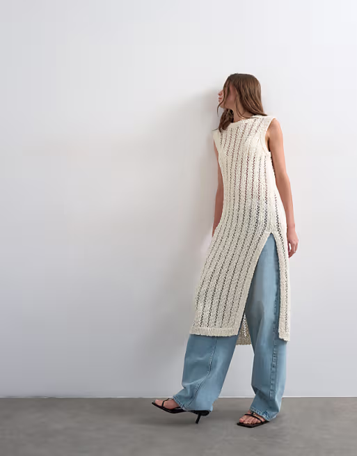 Topshop knit textured open stitch sleeveless dress in ivory