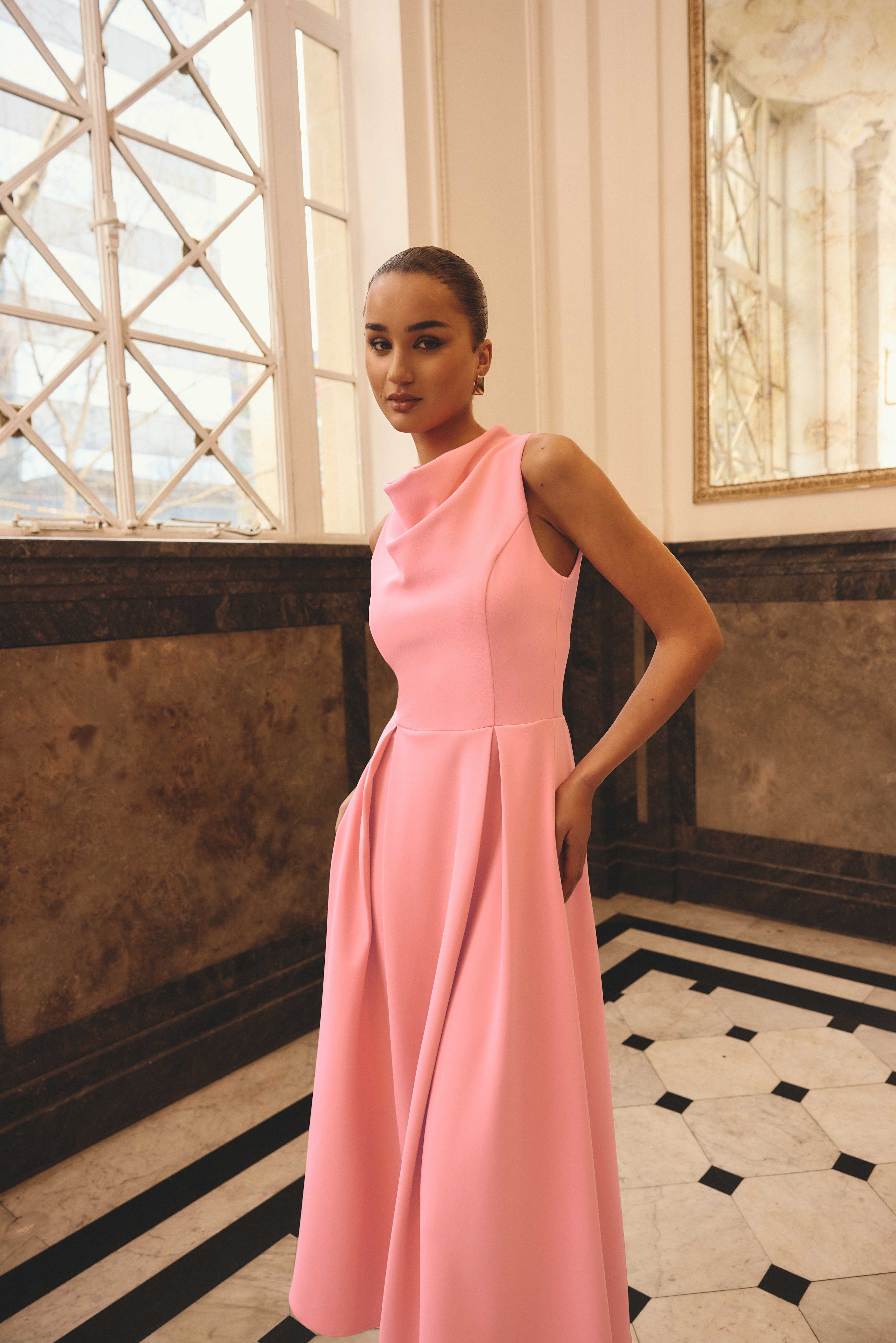Risa Cowl Neck Gown Dress in Bubblegum Pink