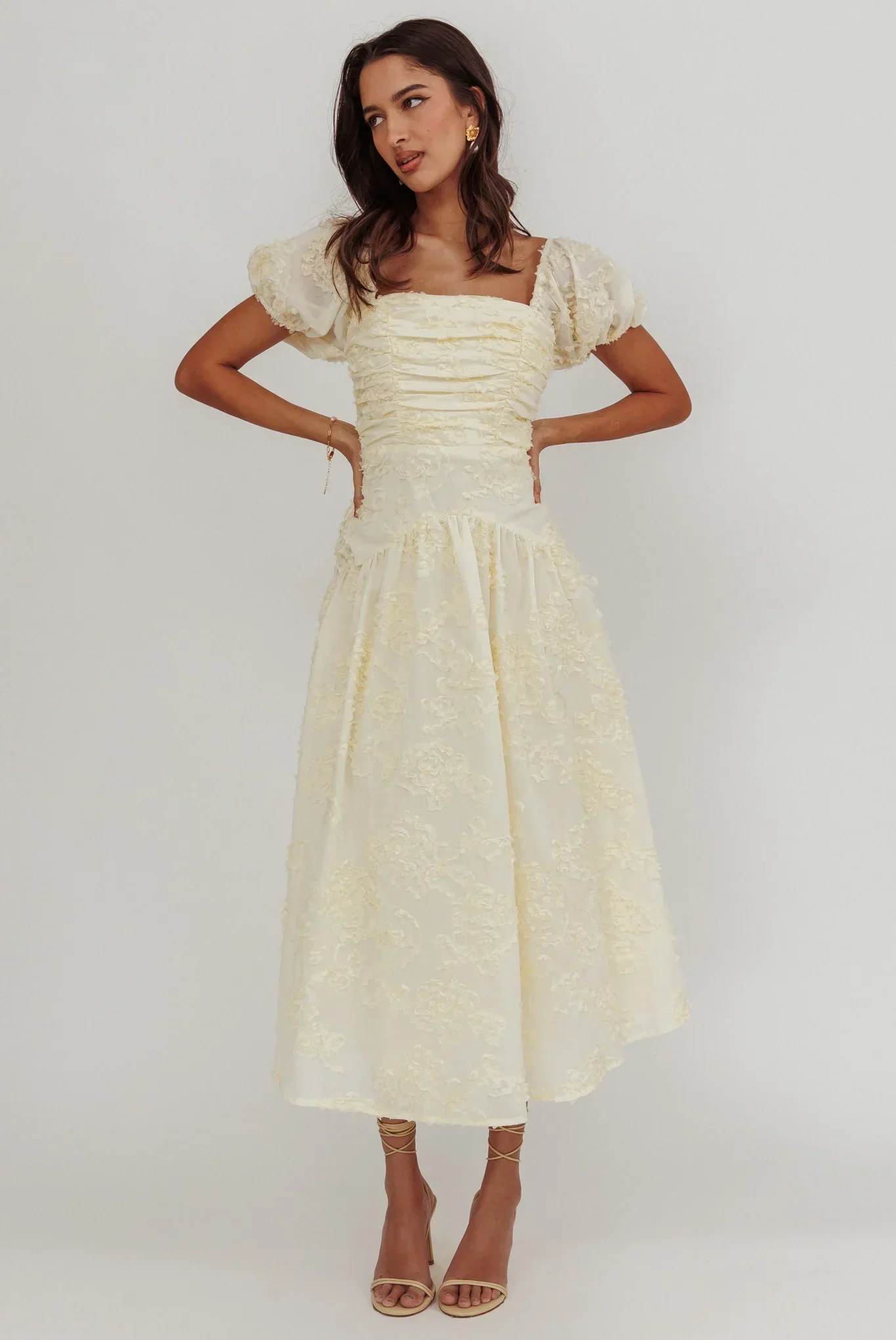 Telma Puff Sleeves Midi Dress Butter - luluinthesky