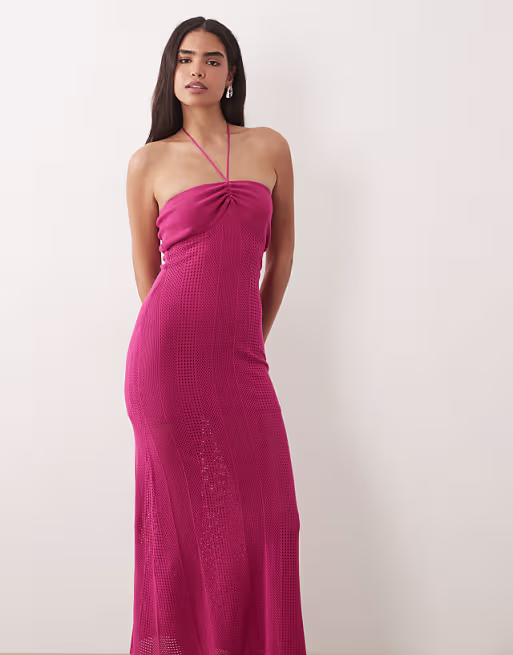 Mango Teen knit halterneck maxi dress in bright pink