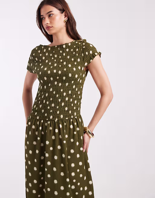 ONLY shirred maxi dress with green polka dot print