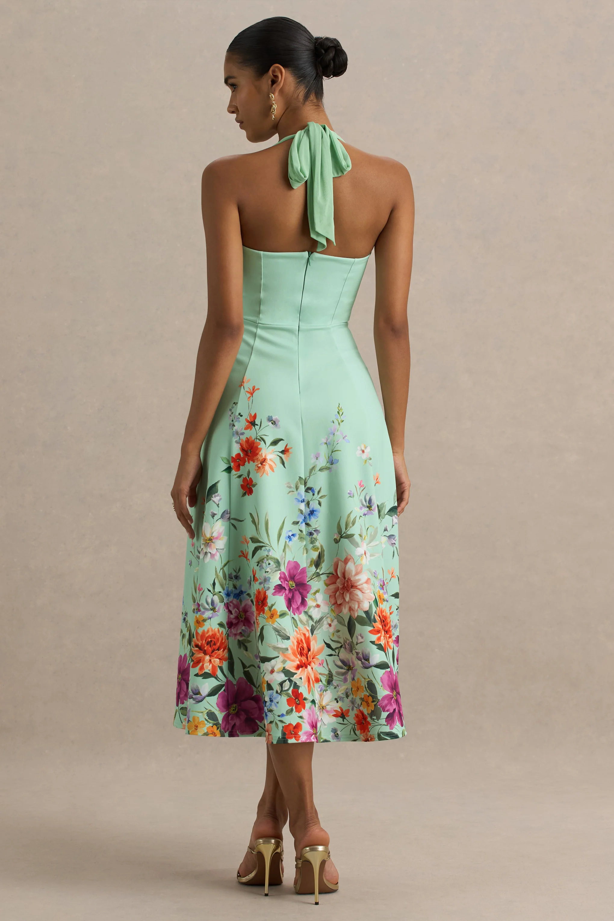 Auburn | Mint Placement Floral Halter-Neck Midi Dress