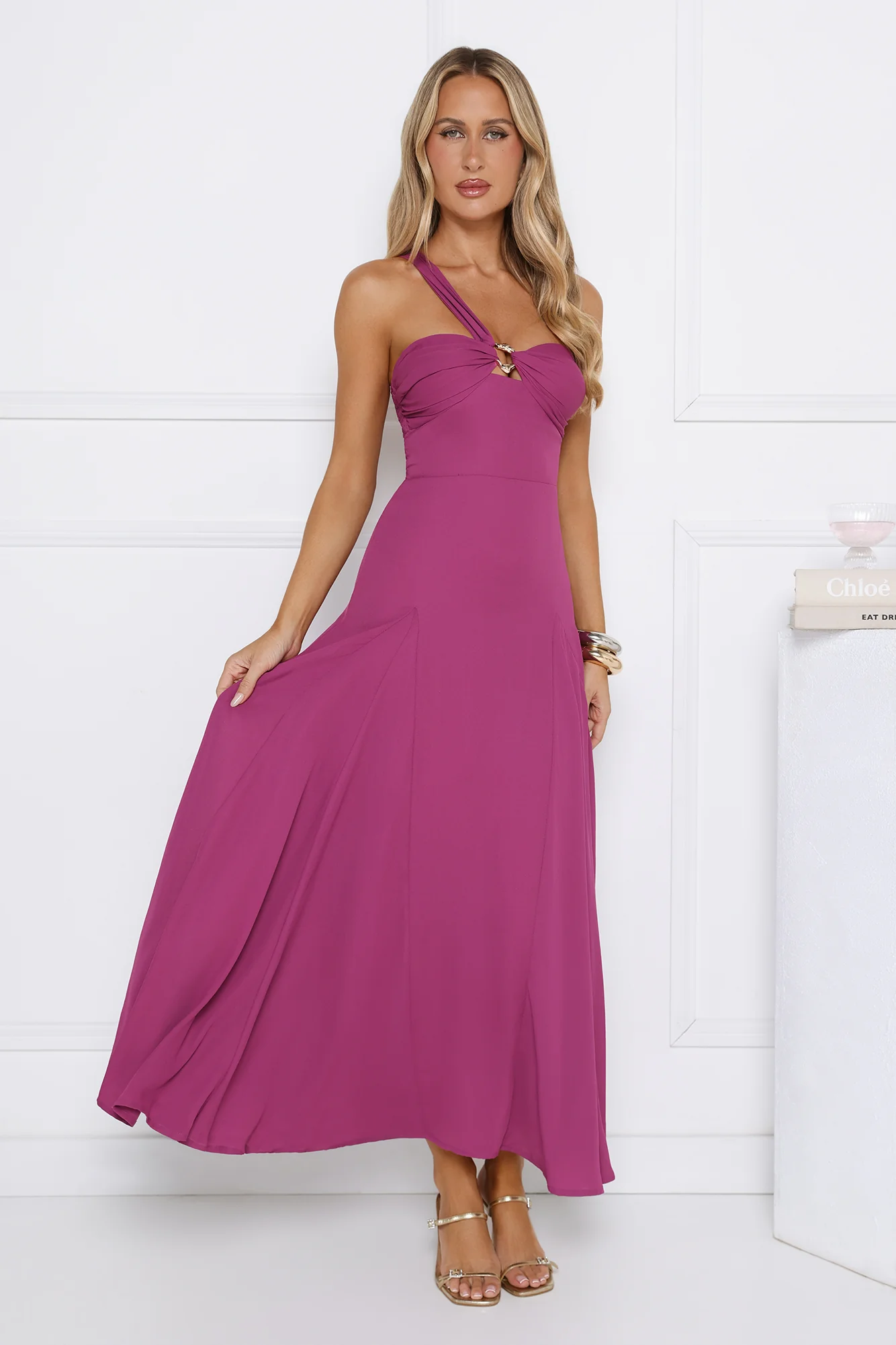 Glossed Edge One Shoulder Maxi Dress Plum