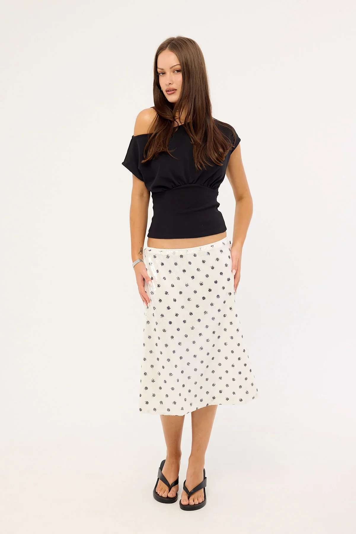 Luck & Trouble Posey Sequin Polka Midi Skirt White Polka