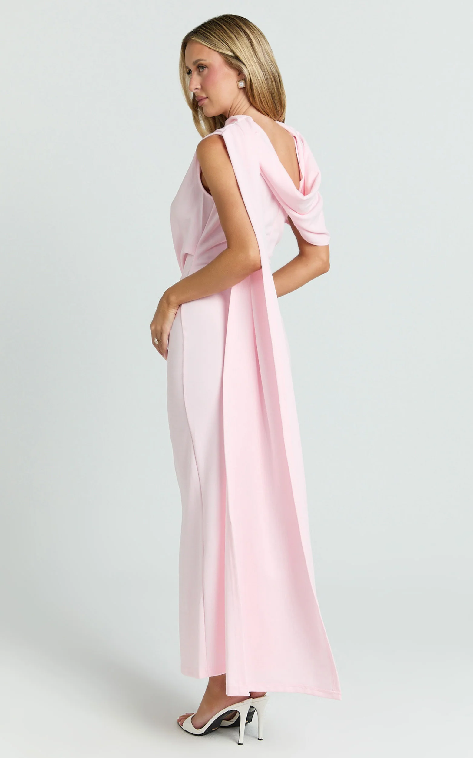 Visenta Midi Dress - Asymmetrical Sleeve Dress in Pink