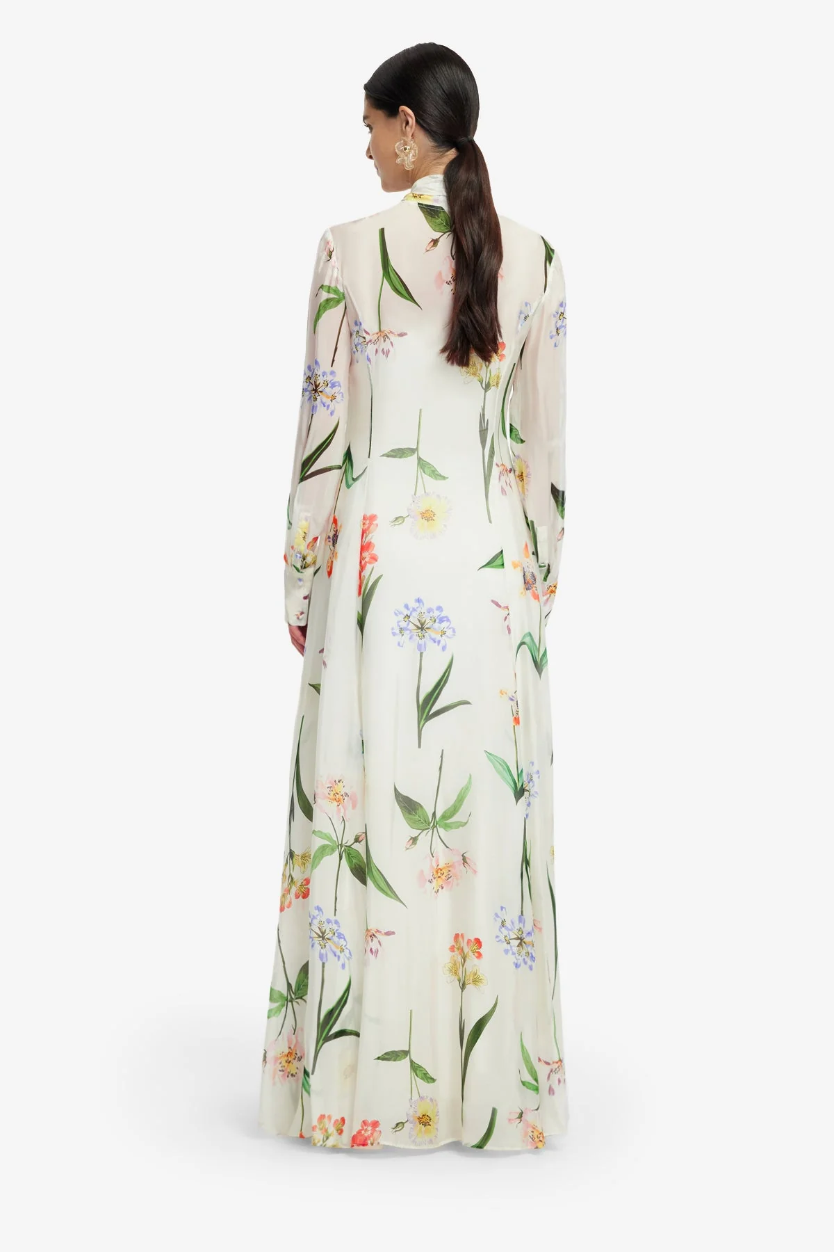 Lilith Tie Neck Maxi Dress - Botanical Print in Snow