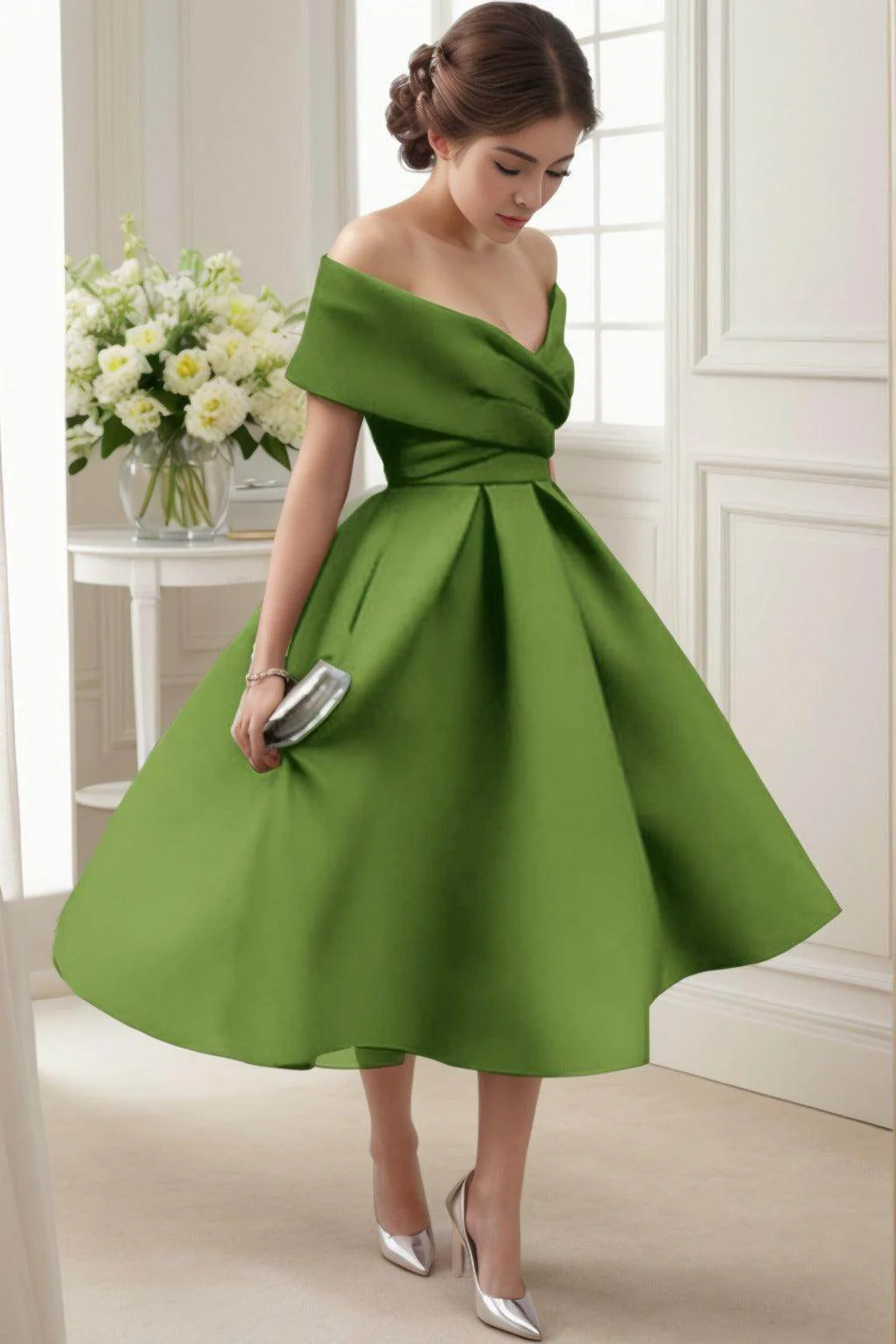 A-Line Tea Length Satin Graduation Dresses CS0556