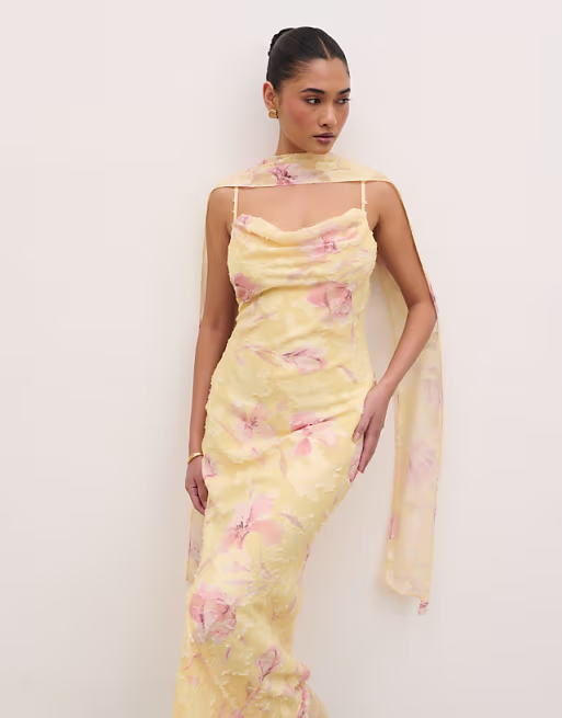 Pretty Lavish Eden scarf cowl neck printed jacquard maxi dress in lemon floral