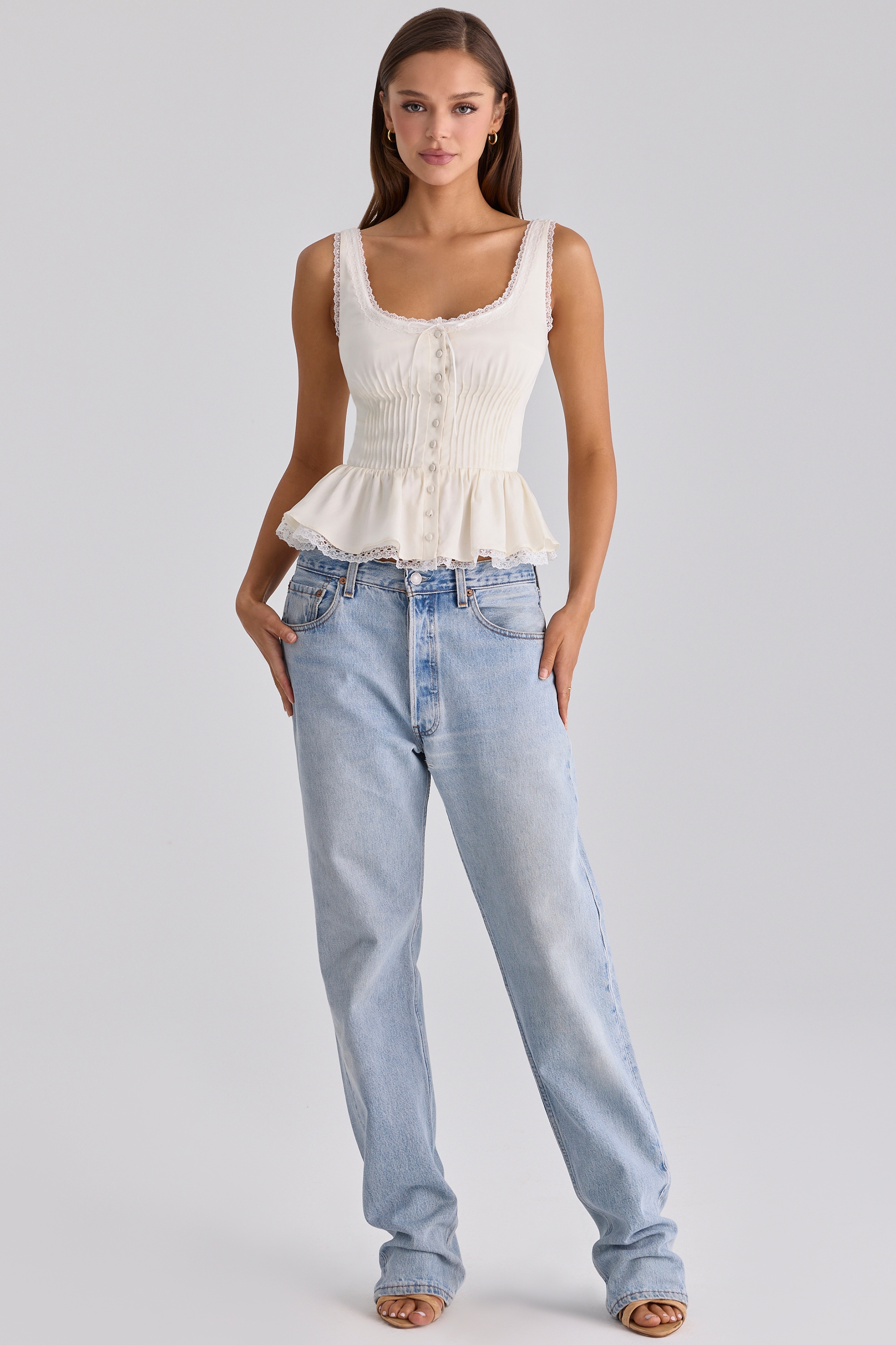White Sateen + Lace Trim Contour Top