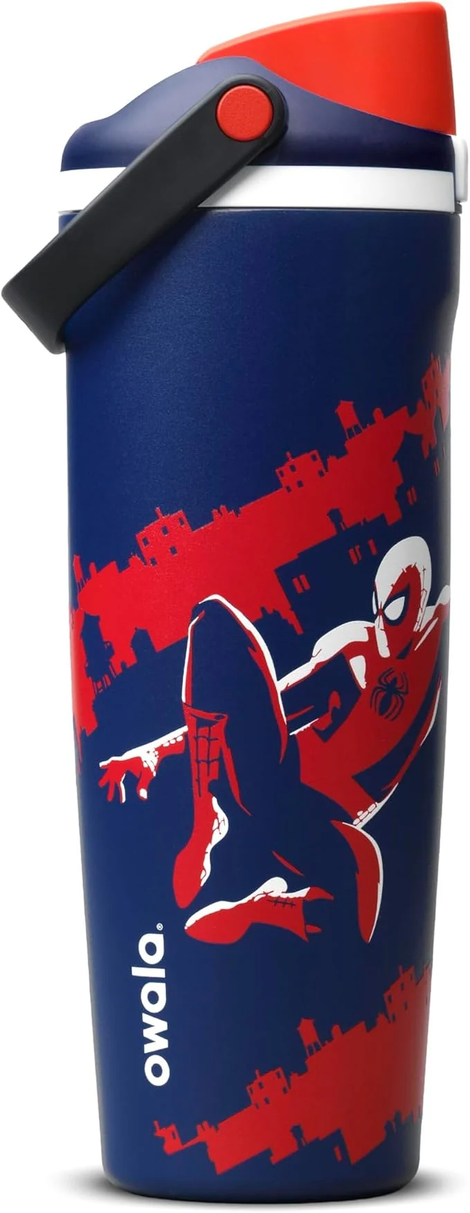 Owala Spider-Man FreeSip Sway Insulated Stainless Steel Water Bottle with Two-Way Spout, Built-in Straw and Bucket Handle, Suitable for School and Sports, 30 oz (approx. 850.5 g), BPA-Free, Leak-Proof, Swing