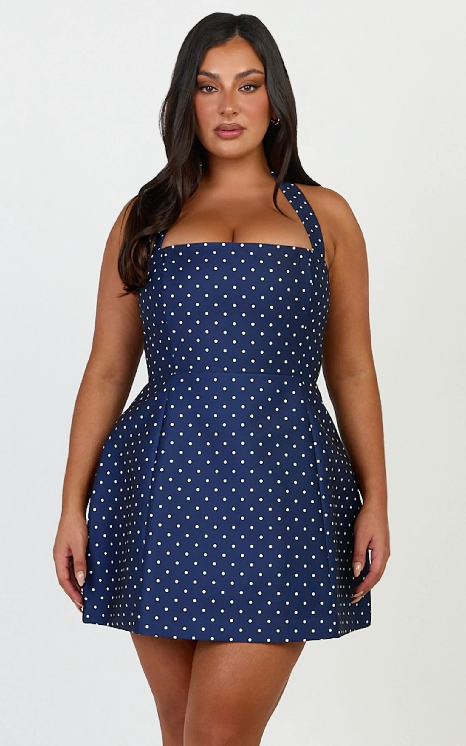 Dante Mini Dress - Halter Neck Tie Tulip Skirt Dress in Navy Polka Dot