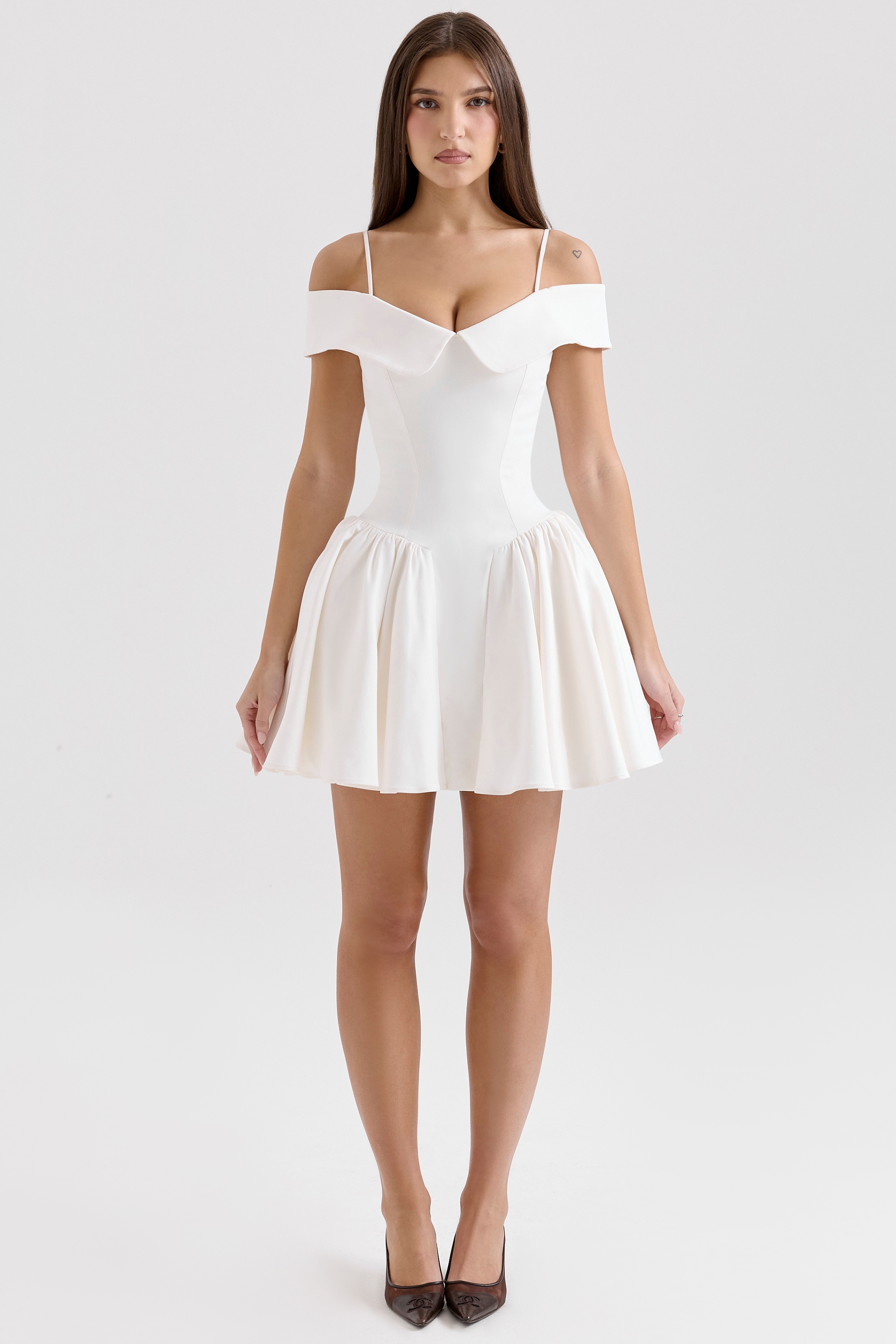 White Twill Off Shoulder Mini Dress