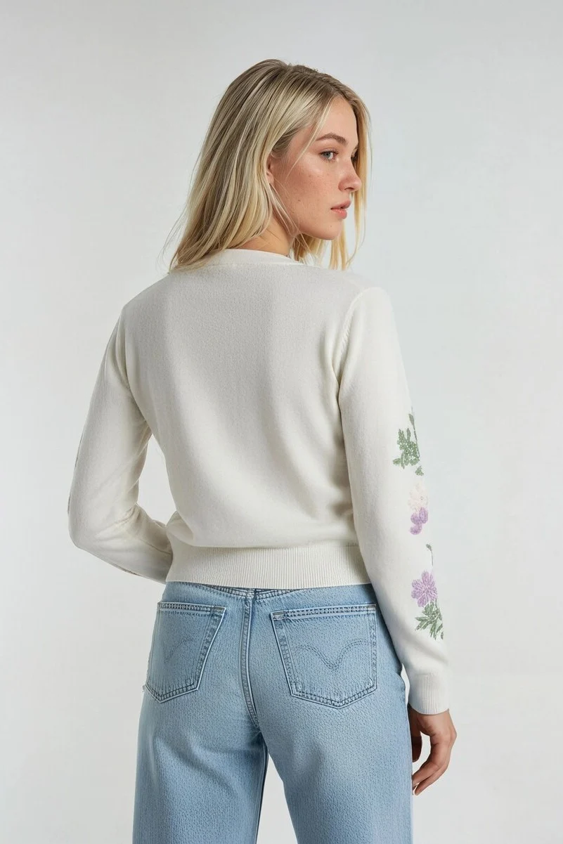 Floral Embroidered-Sleeve Cropped Cardigan