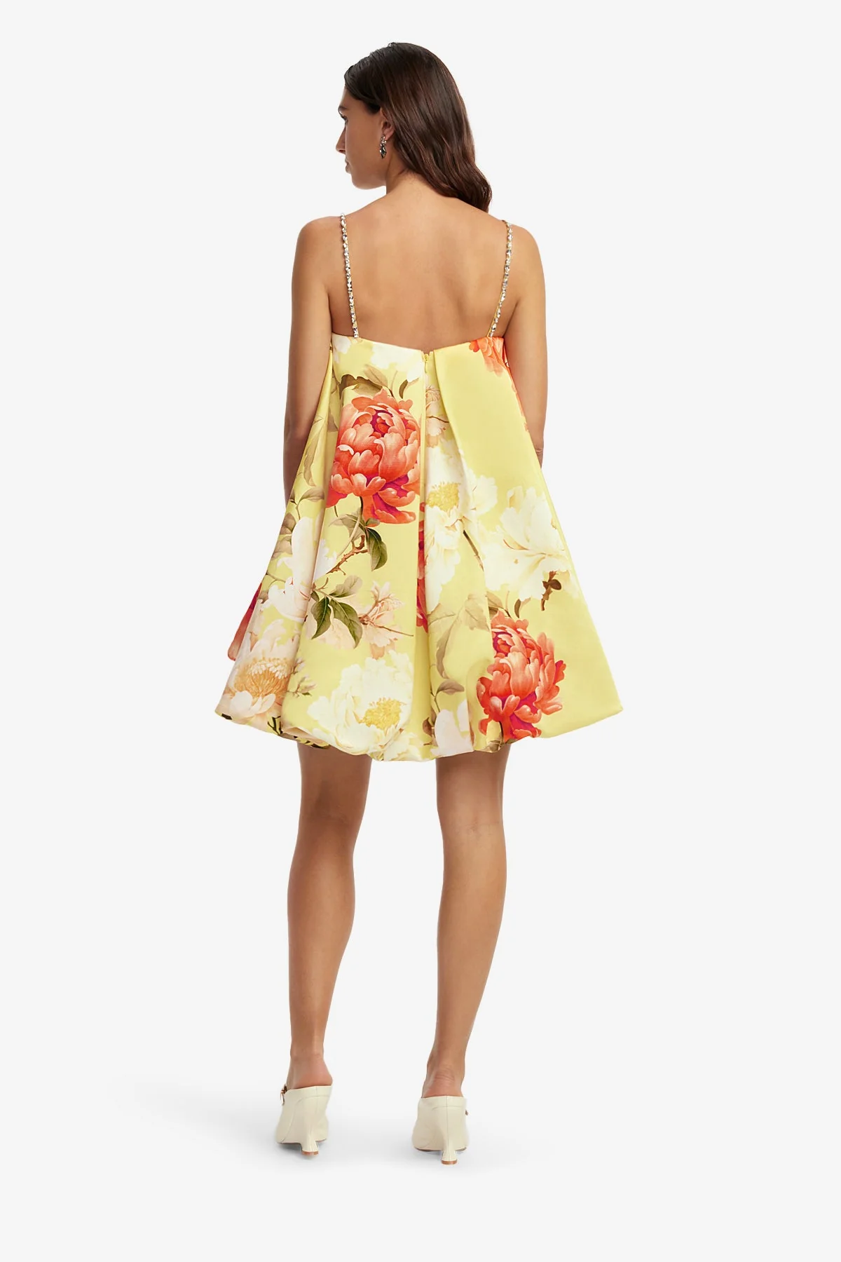 Patsy Embellished Puff Mini Dress - Peony Print in Yellow