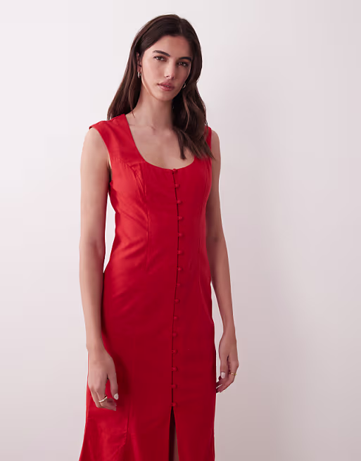 square neck button down midi sundress in poppy red