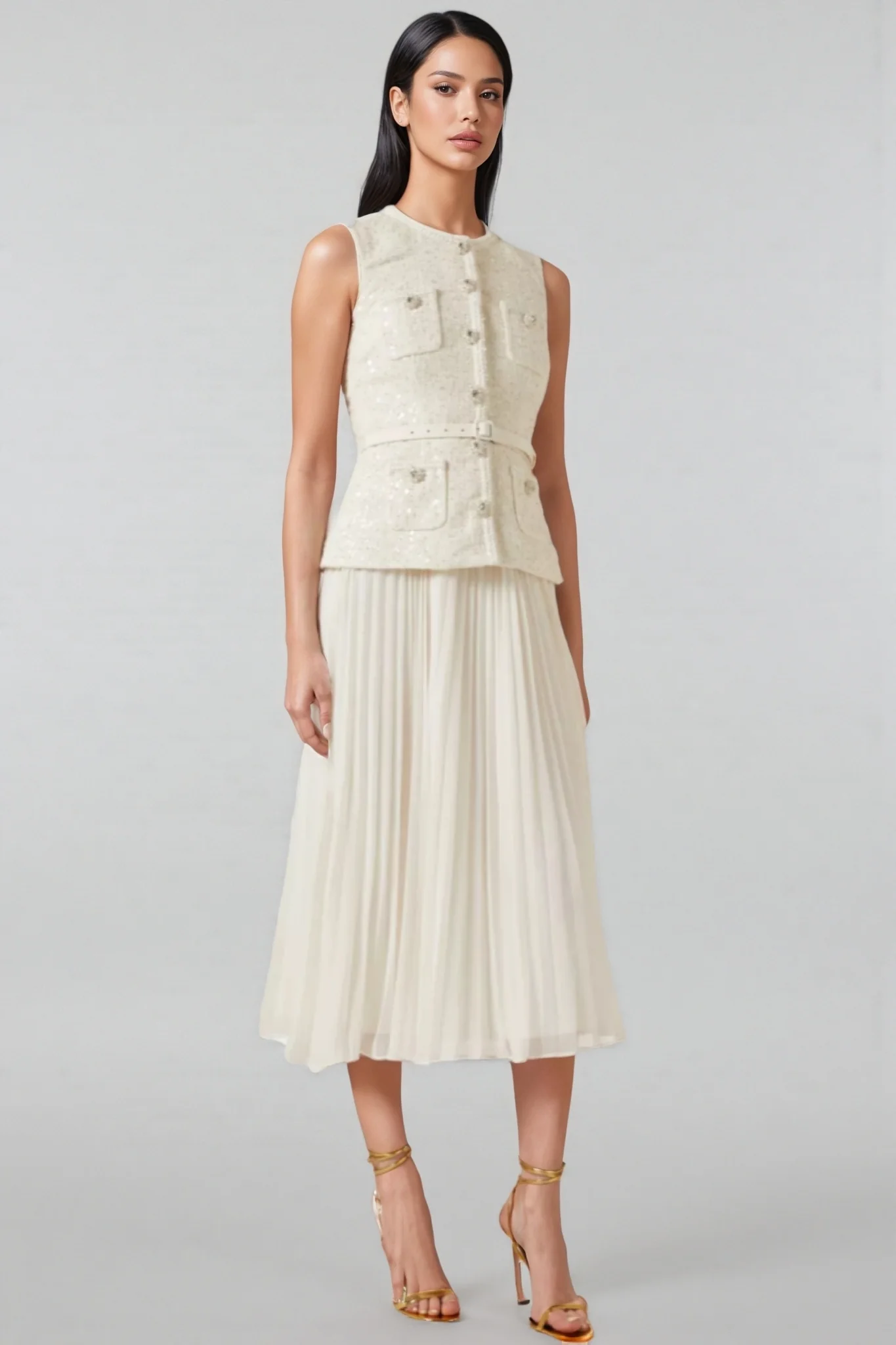 Zahra White Boucle Belted Midi Dress Set