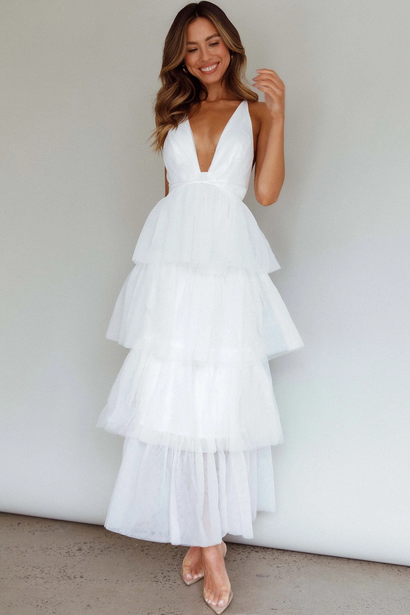 Auguste Tiered Frill Midi Dress White - luluinthesky
